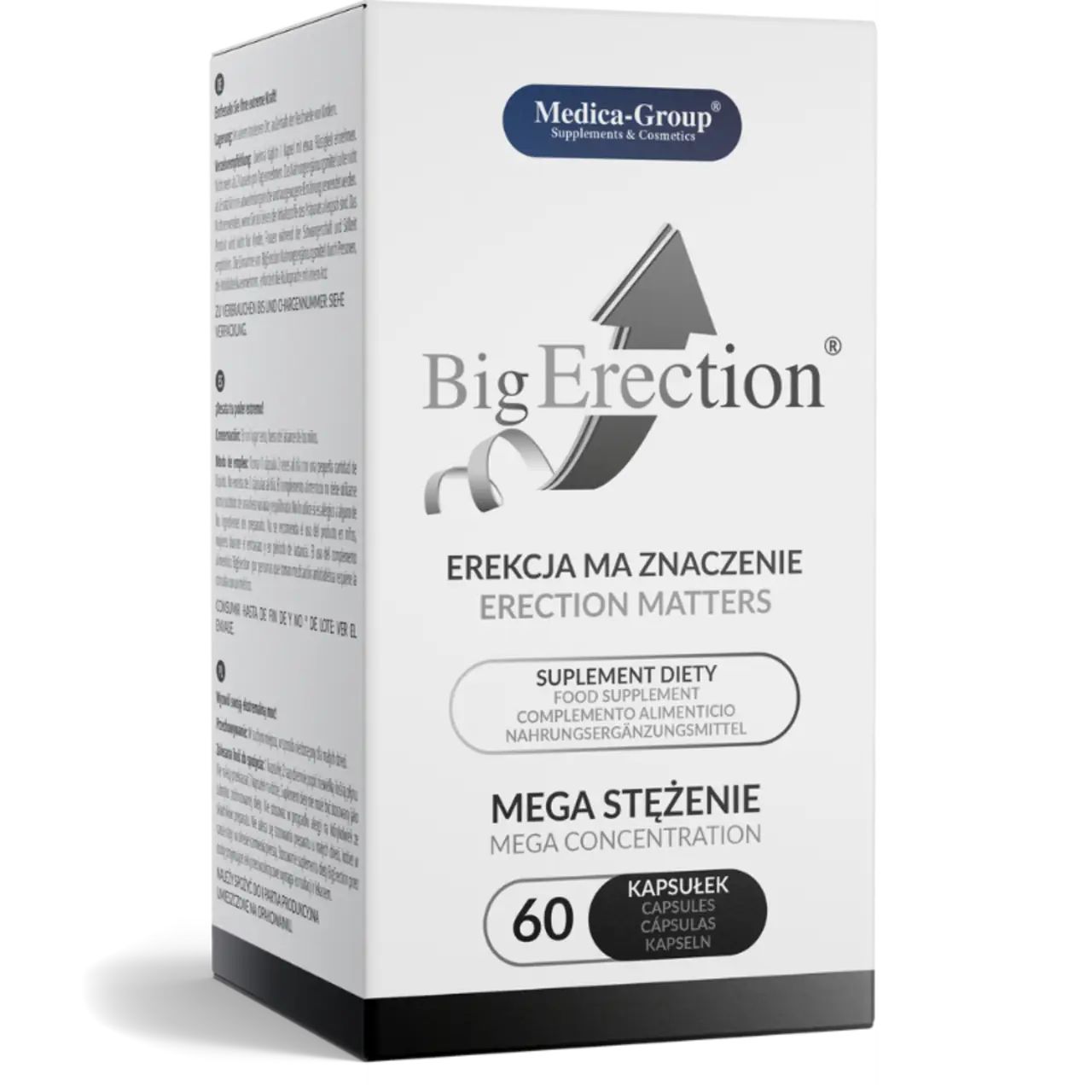 Weiße Verpackung mit Aufschrift "Big Erection", "Mega Stężenie", "60 Kapseln". Logo "Medica-Group".
