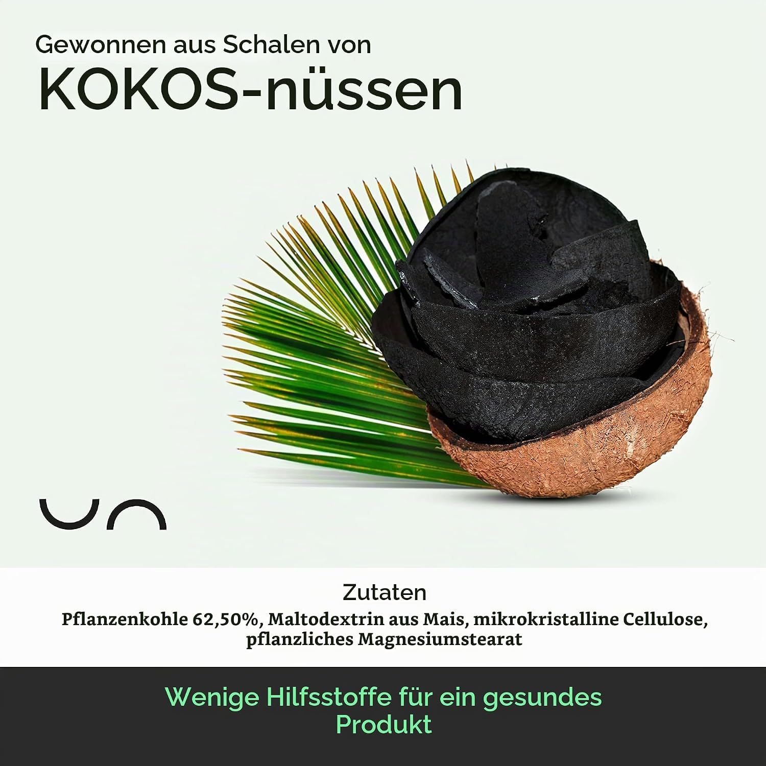 Aktivkohle aus Kokosnussschalen, 62,50% Pflanzenkohle.