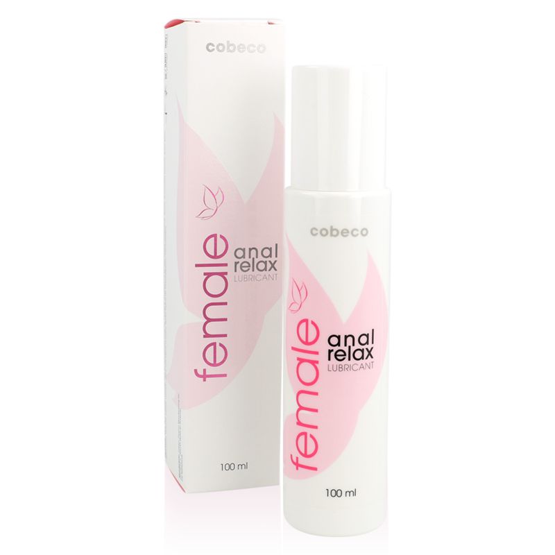 Weißes Fläschchen und Karton mit rosa Aufdruck. Beschriftung: female, anal relax, lubricant, 100 ml. Marke: Cobeco.