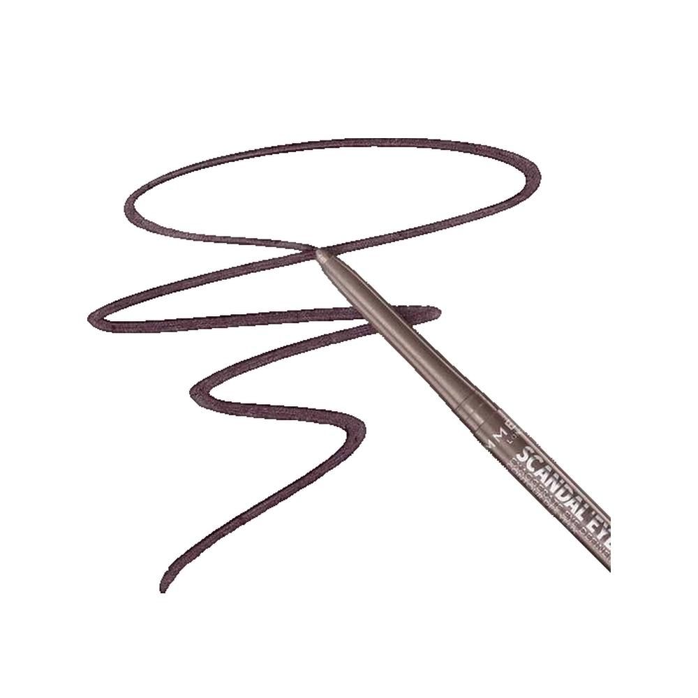 Eyeliner-Strich in Taupe, gewellt. Eyeliner-Stift in der Nähe. Aufschrift: Scandaleyes. Dunkelbraune Farbe.