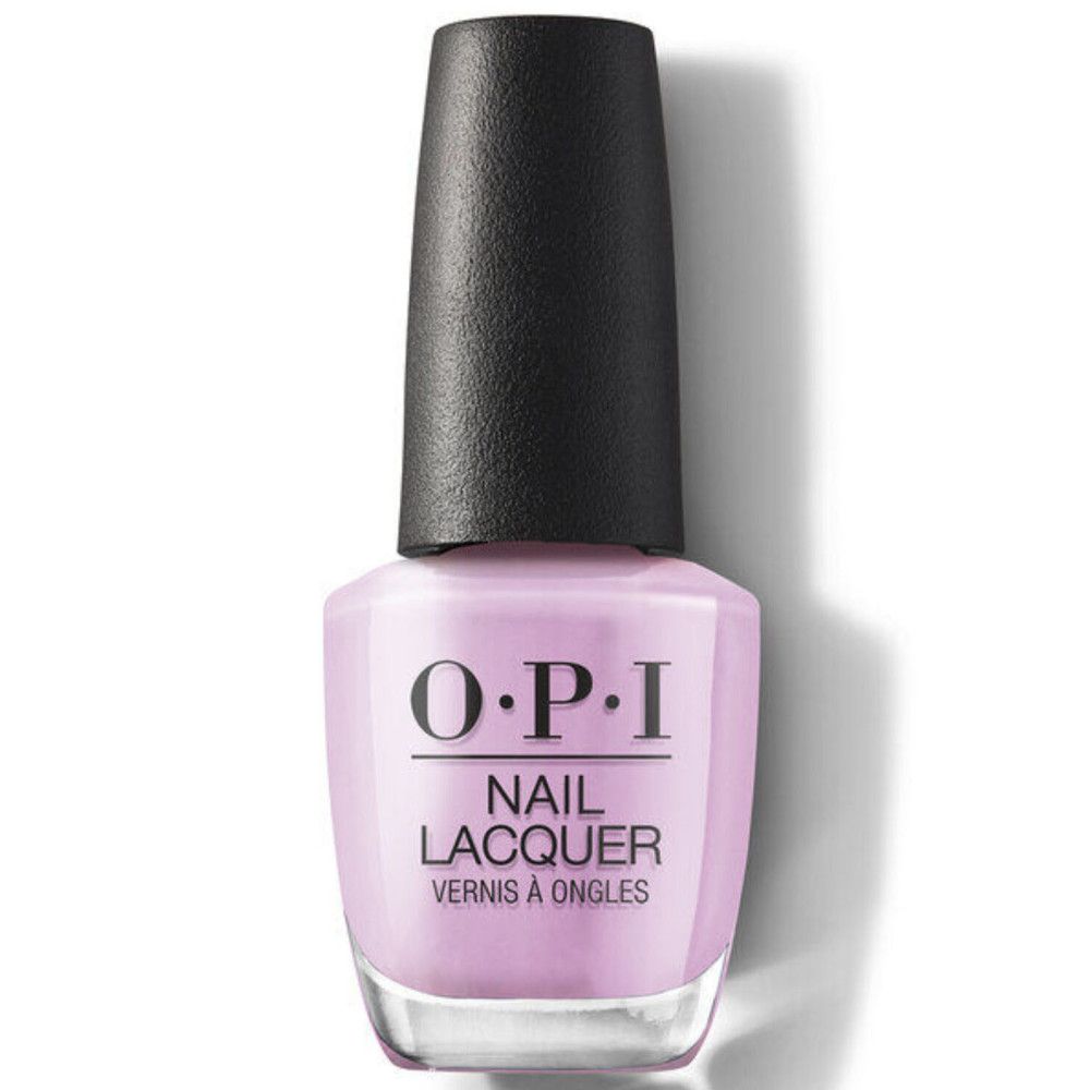 OPI Nagellack-Flasche, helllila. Schwarzer Deckel. Schriftzug: OPI, Nail Lacquer, Vernis à Ongles.