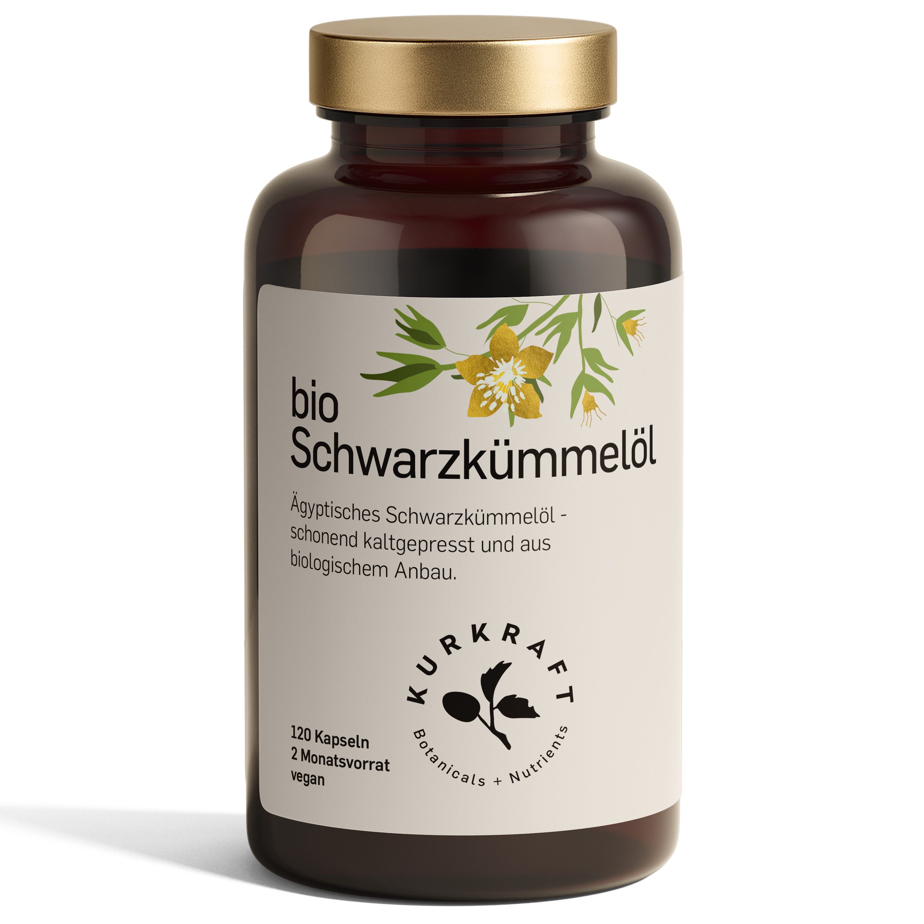 Braune Flasche mit goldfarbenem Deckel. Etikett mit "bio Schwarzkümmelöl" und "Kurkraft" Logo. 120 Kapseln, vegan.