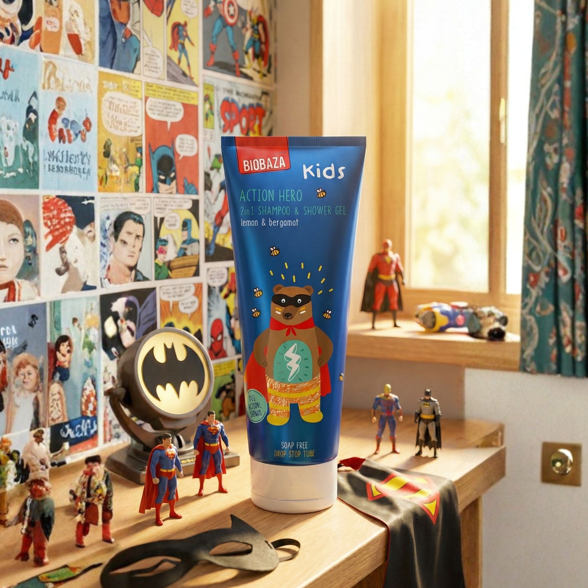 Blau-weiße Tube mit Produktaufdruck. Aufdruck: Biobaza Kids Action Hero, Bär mit Umhang. Auf Tisch mit Spielzeug.