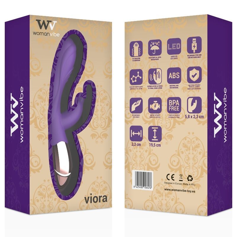 Verpackung von Womanvibe Viora Vibrator. Produktabbildung, Markenlogo, Produktinformationen.