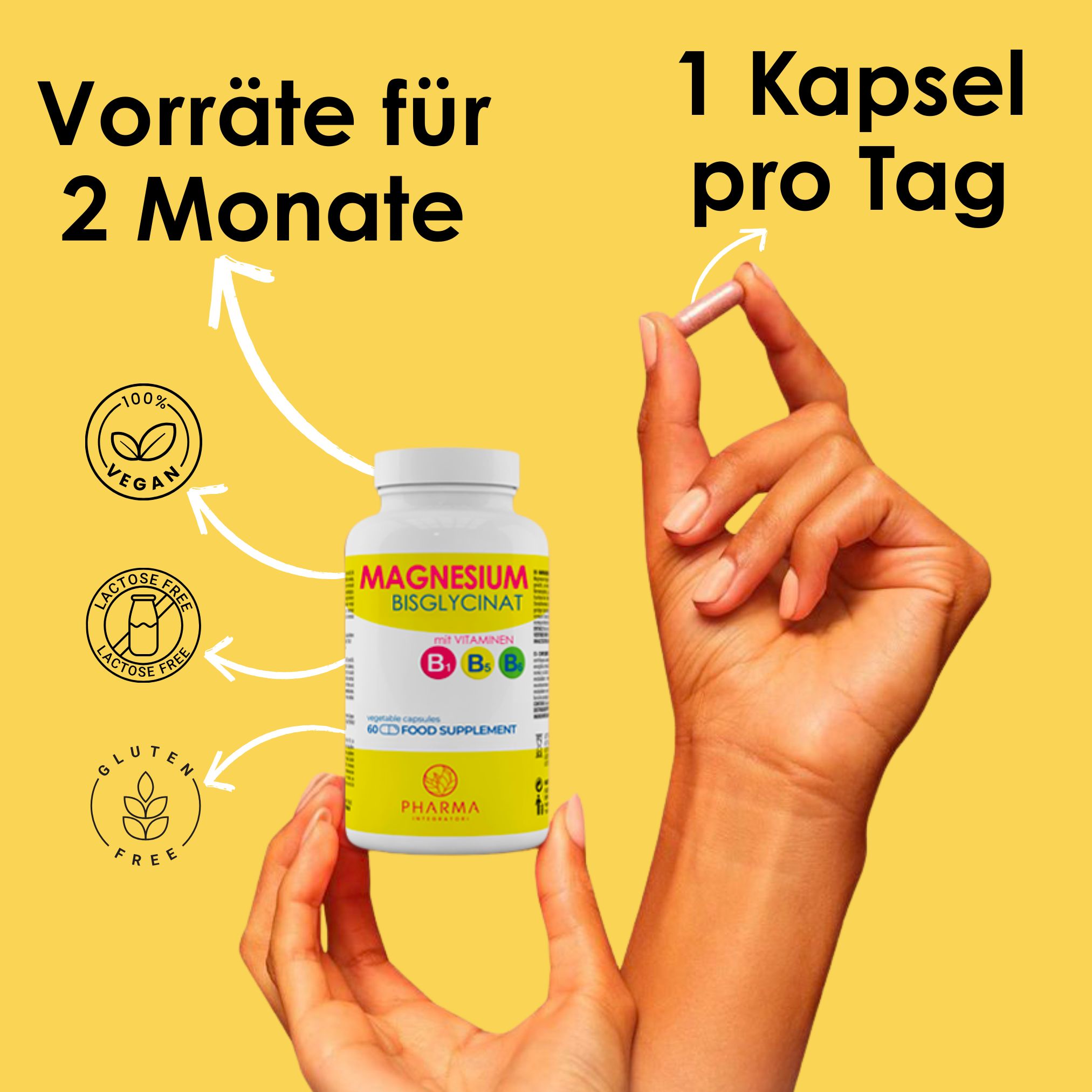 Eine Kapsel pro Tag, Vorrat für 2 Monate. Magnesium Bisglycinat ist vegan, laktose- und glutenfrei.