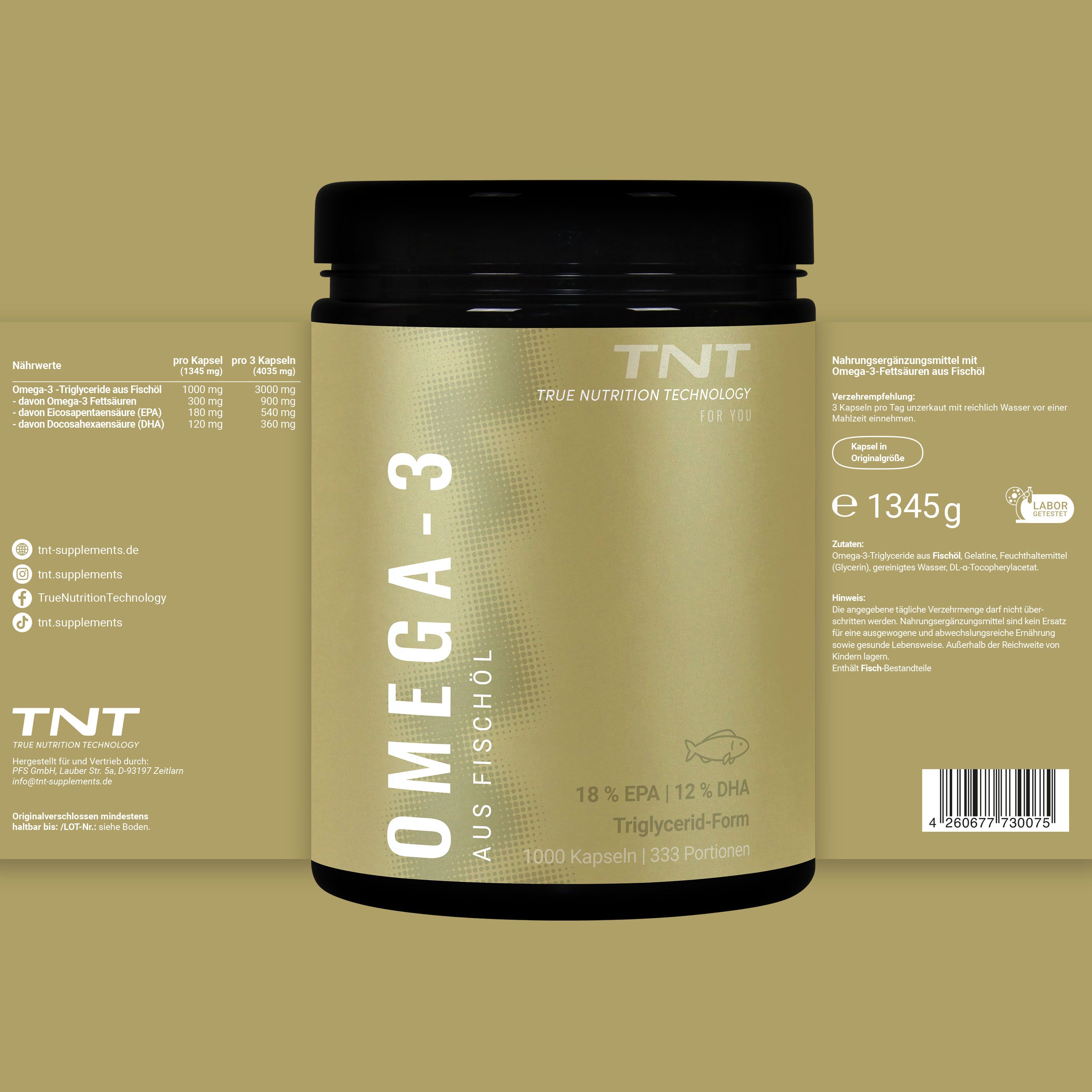 TNT Omega-3 Dose. Aufschrift: Omega-3 aus Fischöl. 1000 Kapseln. Goldfarbenes Etikett. Logos und Text.