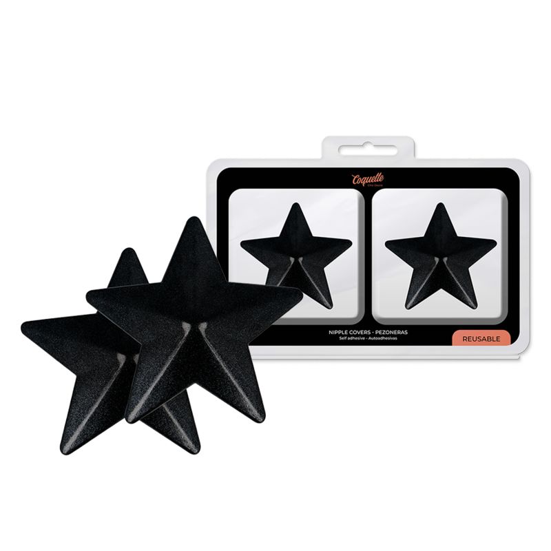 Schwarze Stern-Nippelabdeckungen in Verpackung. Verpackung mit Produktname und Text. Wiederverwendbar.
