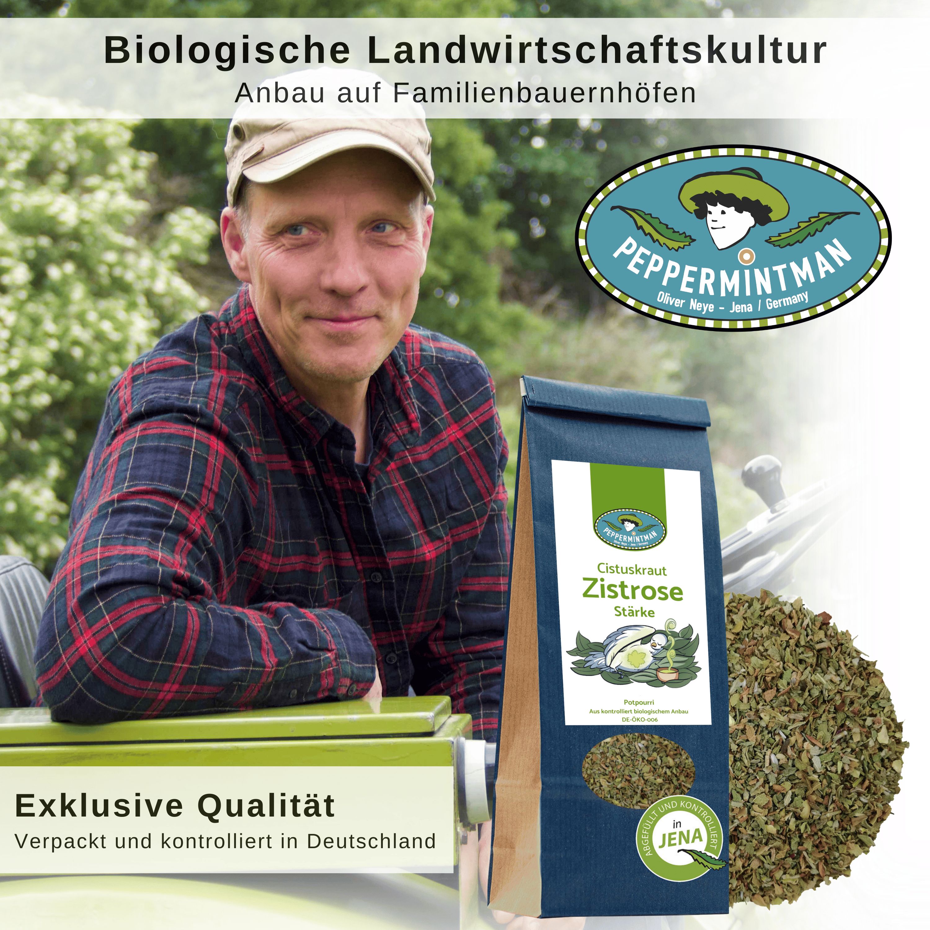 Mann mit PEPPERMINTMAN Zistrose-Beutel. Verpackung mit Logo und Text. Haufen von Zistrose-Kraut daneben. Text: Exklusive Qualität.