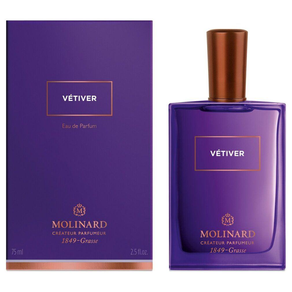 Violette Schachtel und Flakon. Aufschrift "VÉTIVER" und "Eau de Parfum". Flakon mit braunem Verschluss. "Molinard" und "1849-Grasse".