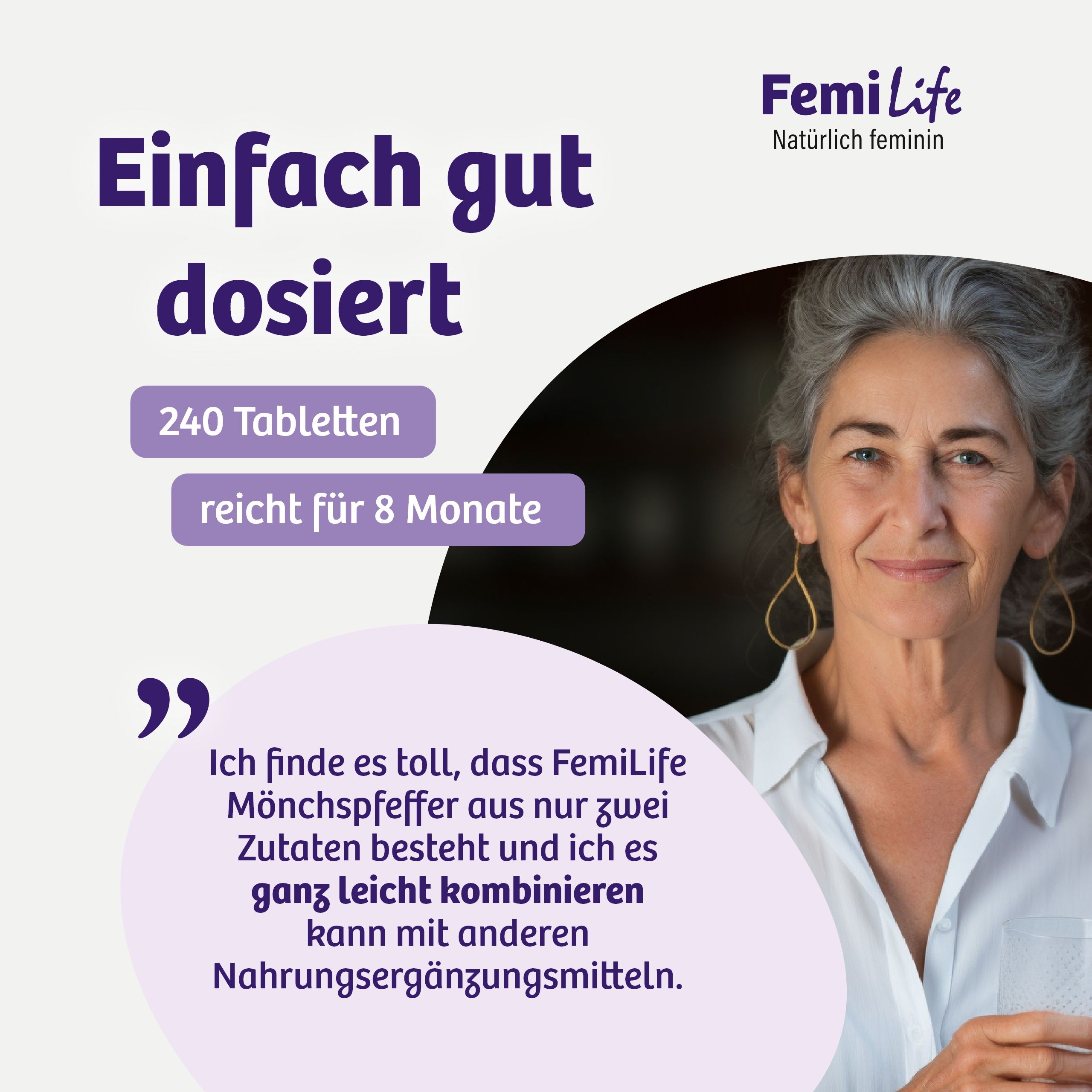 Tablettenflasche, 240 Tabletten, FemiLife, Zitat: Einfach gut dosiert.