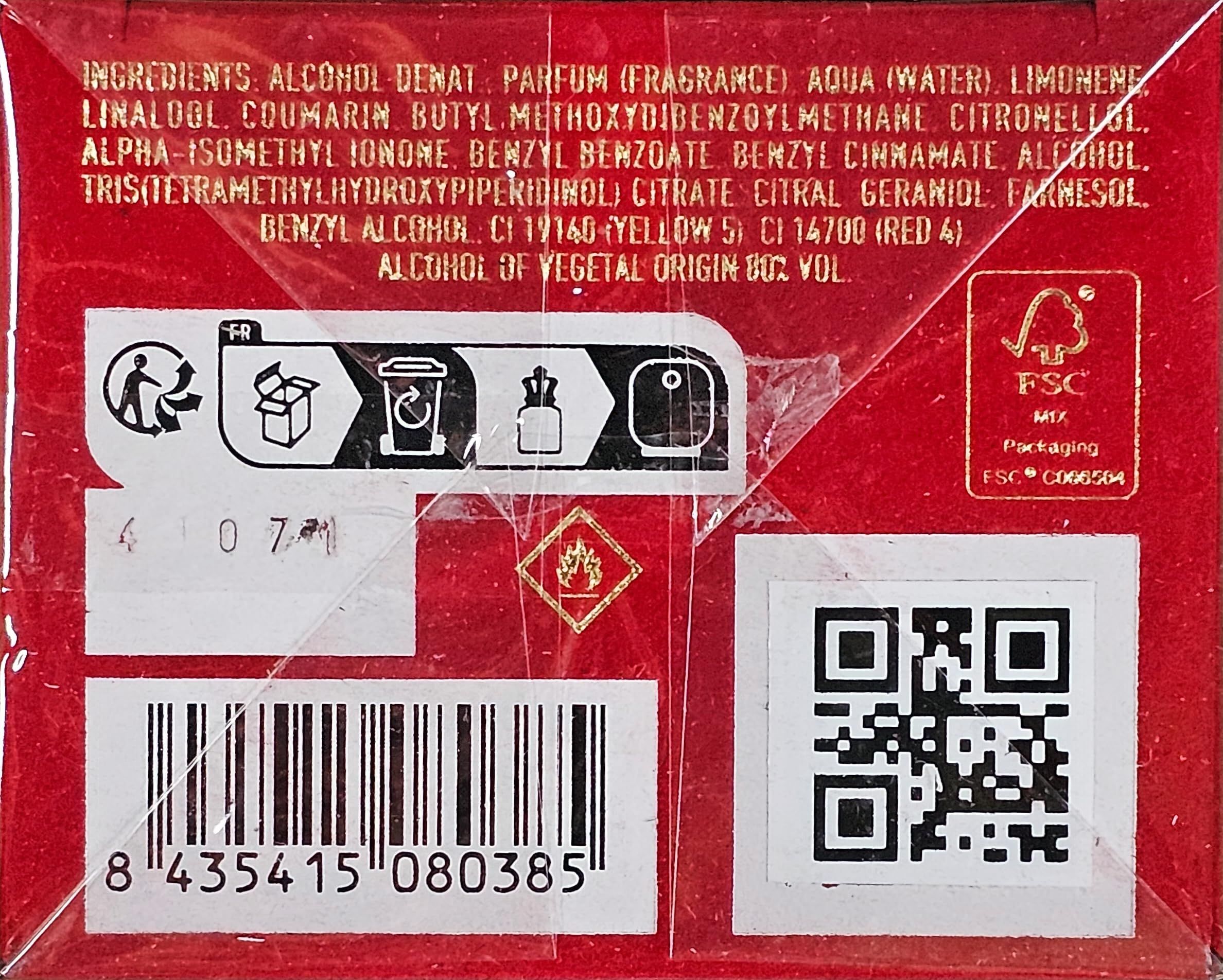 Rückseite der roten Verpackung. Zutatenliste, Recycling-Symbole, Barcode, QR-Code und FSC-Logo.