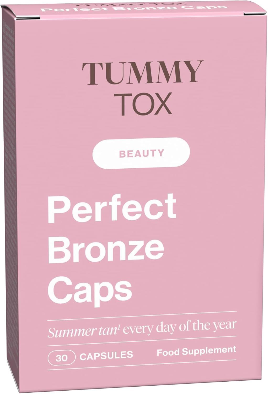 Rosa Schachtel mit "Tummy Tox" und "Perfect Bronze Caps" Schriftzug. Enthält 30 Kapseln. "Food Supplement" steht unten.