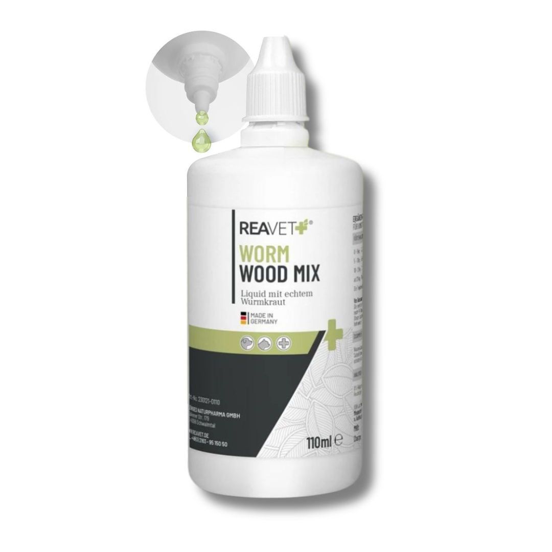 Weiße Flasche mit Tropfer. Aufschrift: Worm Wood Mix, 110ml. Tropfen werden gezeigt. Made in Germany.