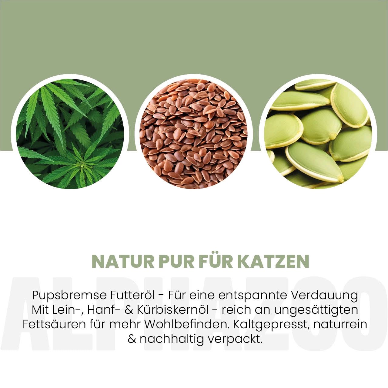 Drei Kreise mit Hanfblatt, Leinsamen und Kürbiskernen. Text: Natur pur für Katzen. Pupsbremse Futteröl. Kaltgepresst, naturrein.