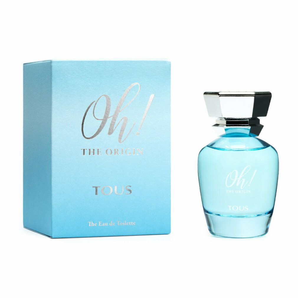 Hellblaues Eau de Toilette mit passender Schachtel. Auf der Flasche und der Schachtel steht "Oh! The Origin" und "TOUS".
