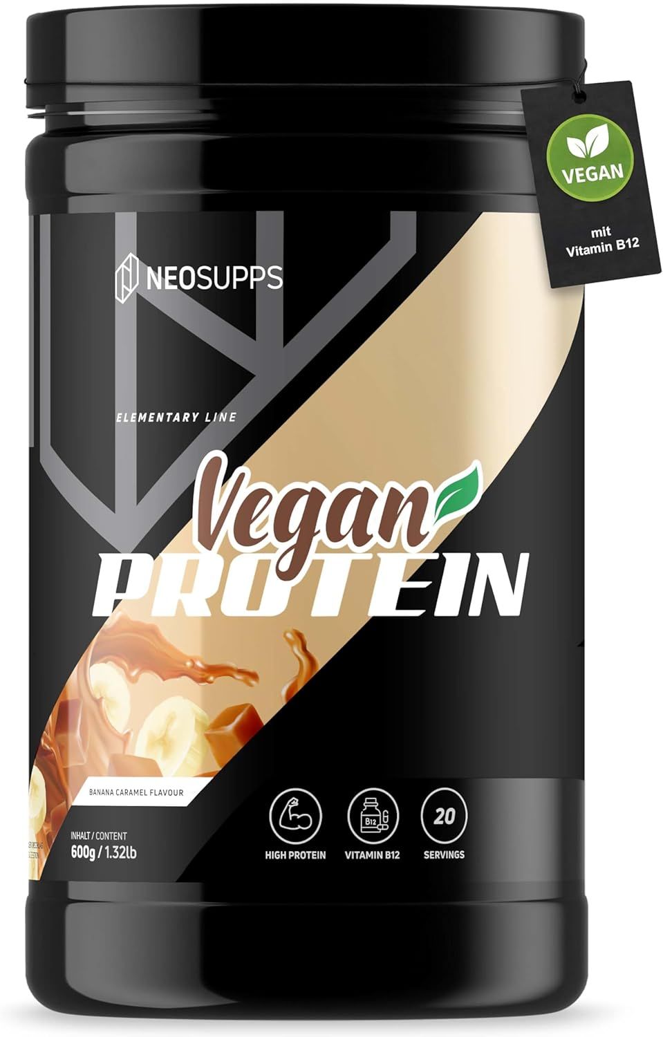 Eine Dose Vegan Protein. Auf der Dose steht "Vegan Protein" und "Neosupps".