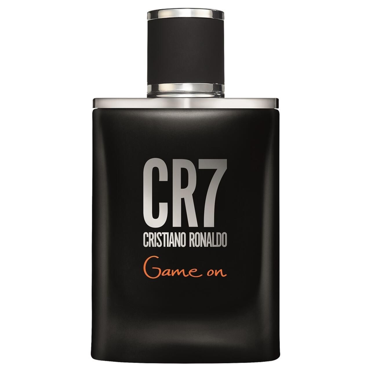 Schwarze CR7-Parfümflasche. Aufschrift: CR7 Cristiano Ronaldo Game on. Silberner Deckel.