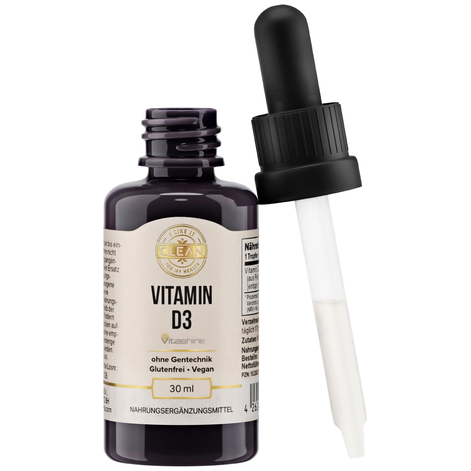 Braune Glasflasche mit schwarzem Deckel und Pipette. Aufschrift: Vitamin D3. Vegan, glutenfrei. 30 ml. Pipette daneben.