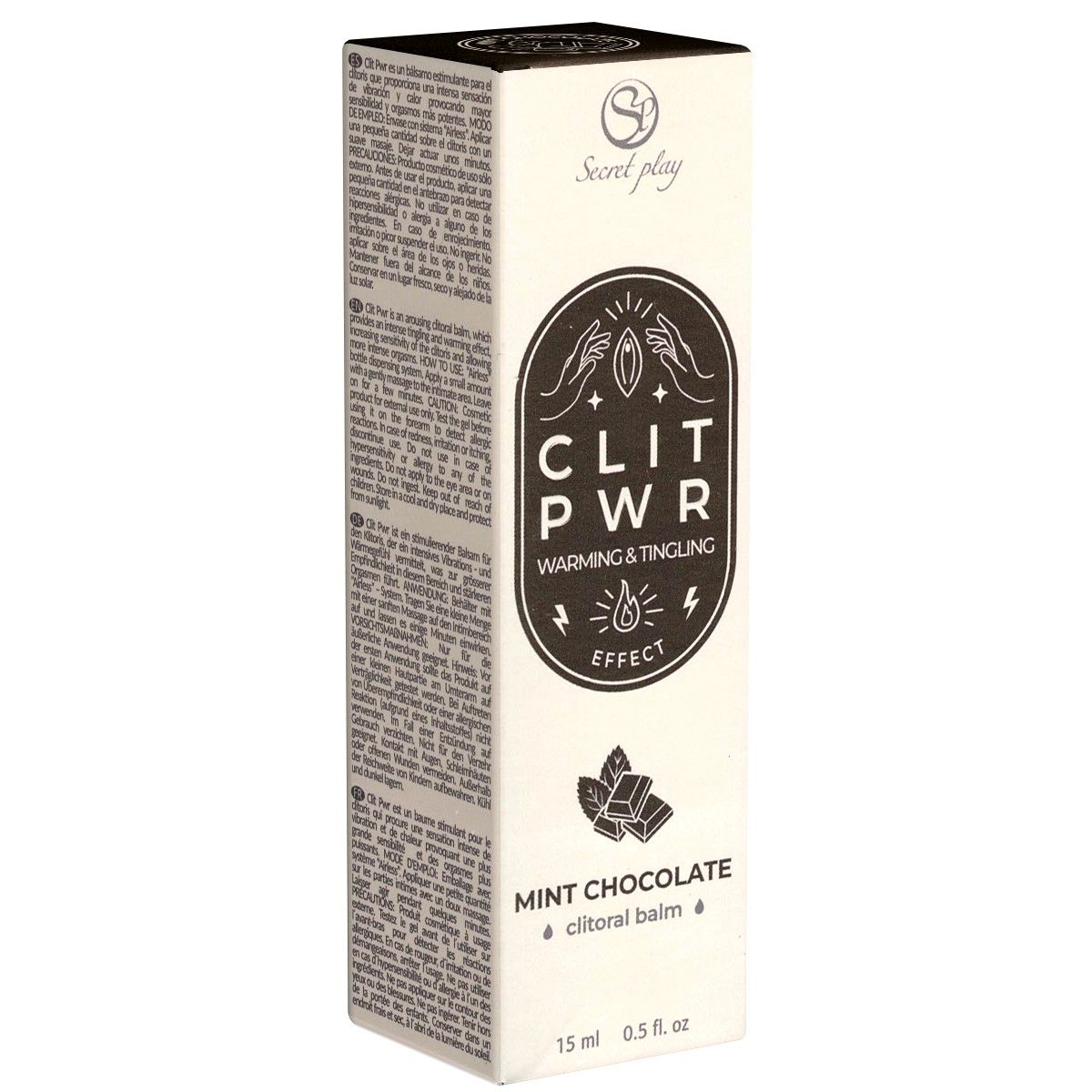 Rechteckige Verpackung. Produktname und -details. Mit Logo und Text. Aufschrift: Mint Chocolate clitoral balm.