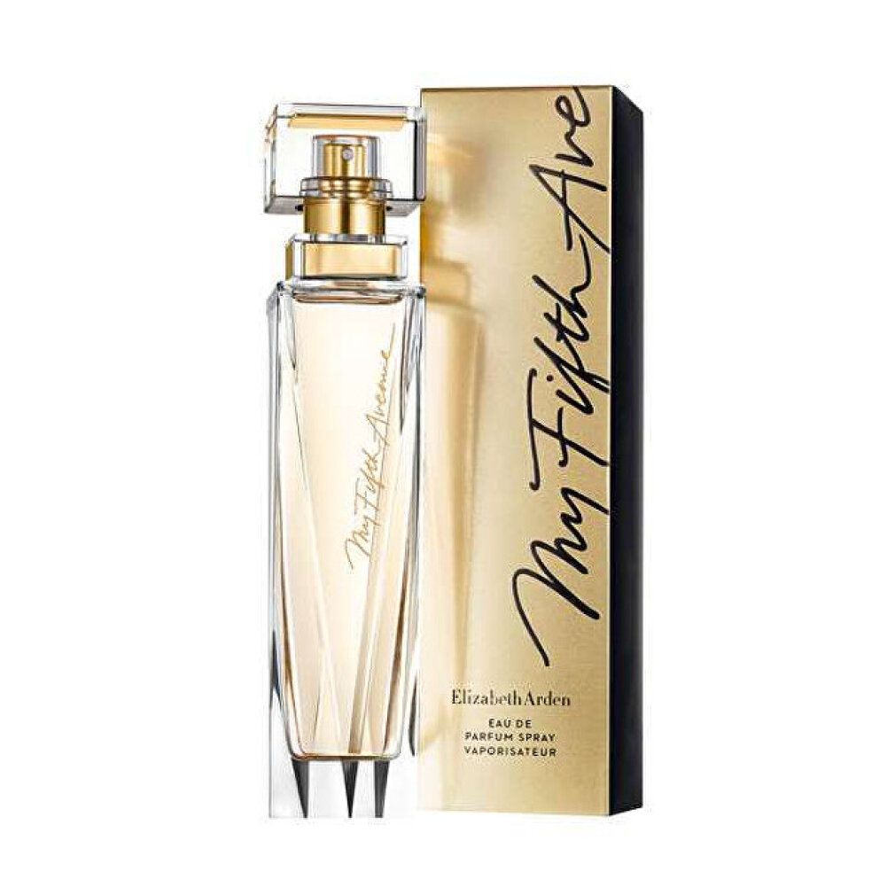Elizabeth Arden My 5th Avenue Eau de Parfum Spray Flakon mit goldener Verpackung.