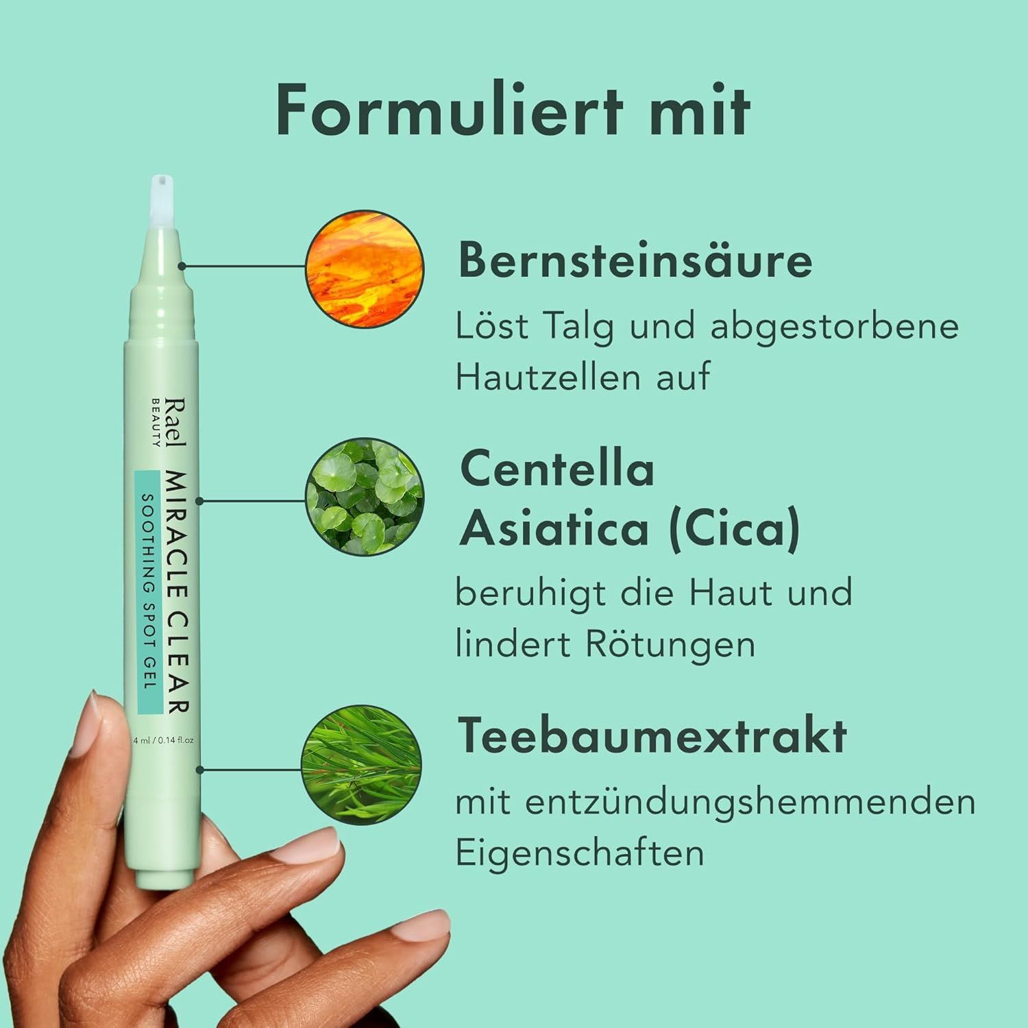 Hand hält grüne Tube mit Applikator. Text: Inhaltsstoffe: Bernsteinsäure, Centella Asiatica, Teebaumextrakt.