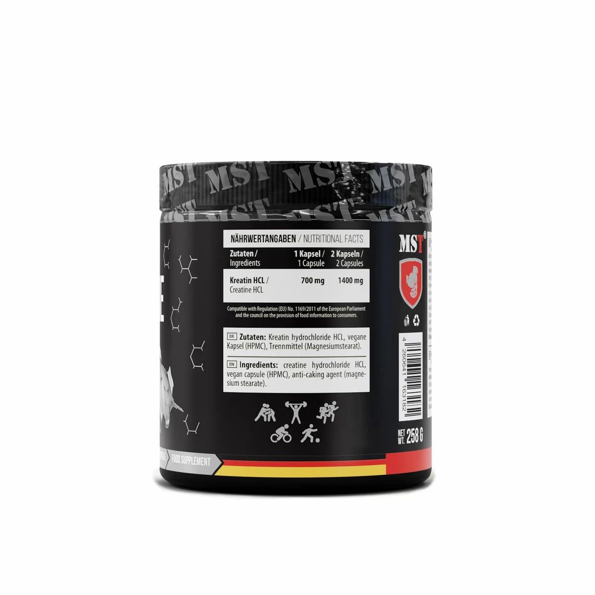Schwarze Dose, Rückseite. Nährwertangaben: Kreatin HCL, 700mg/1400mg. Zutaten, Inhaltsstoffe. Vegan. Flagge Deutschland. 250g.