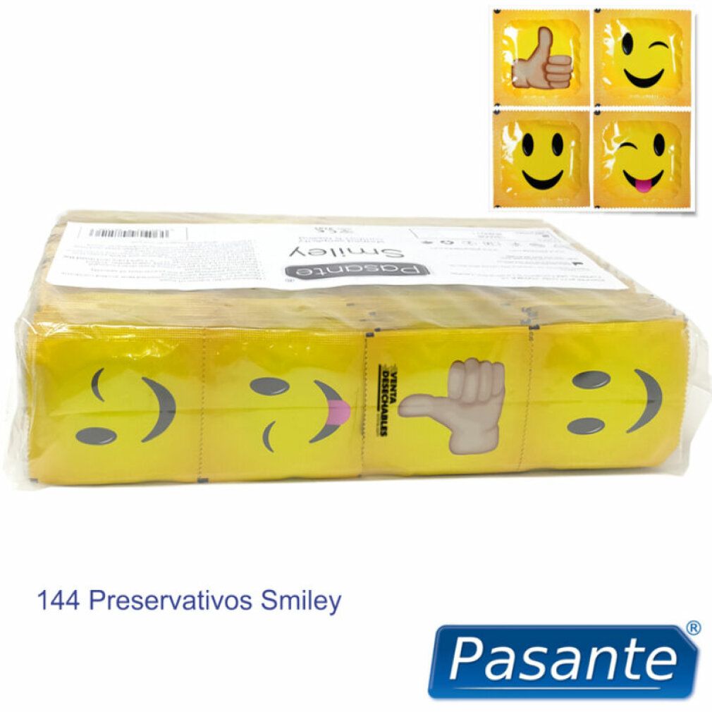 Packung mit gelben Kondomen mit Smiley-Gesichtern. Aufschrift: 144 Preservativos Smiley. Marke Pasante.