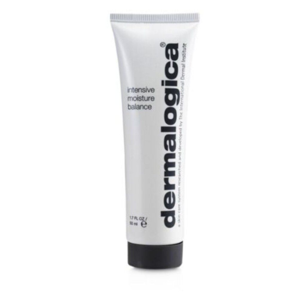 Weiße Tube mit schwarzem Verschluss. Aufschrift: "intensive moisture balance" und "dermalogica".