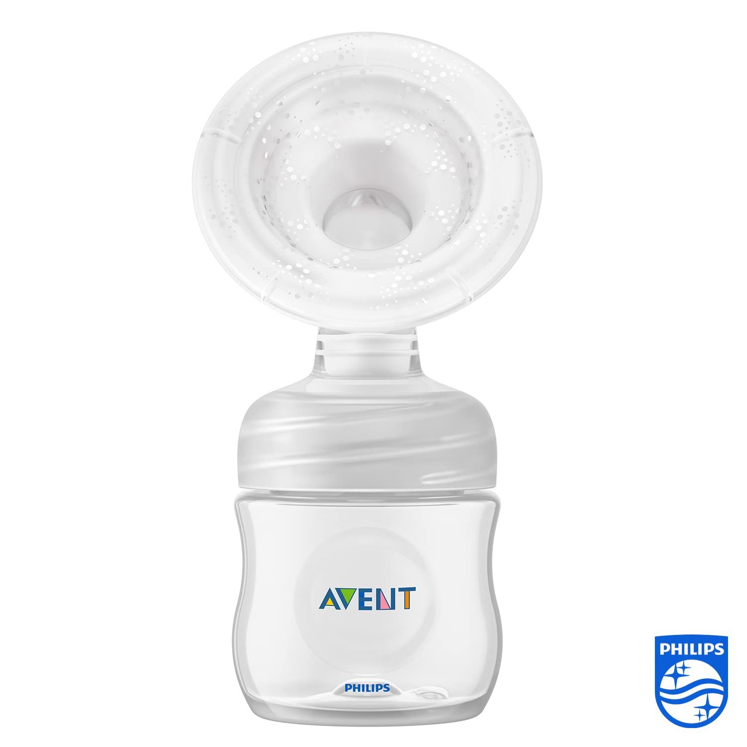 Elektrische Einzelmilchpumpe mit Flasche. Philips Avent Logo auf Flasche. Transparentes Material.