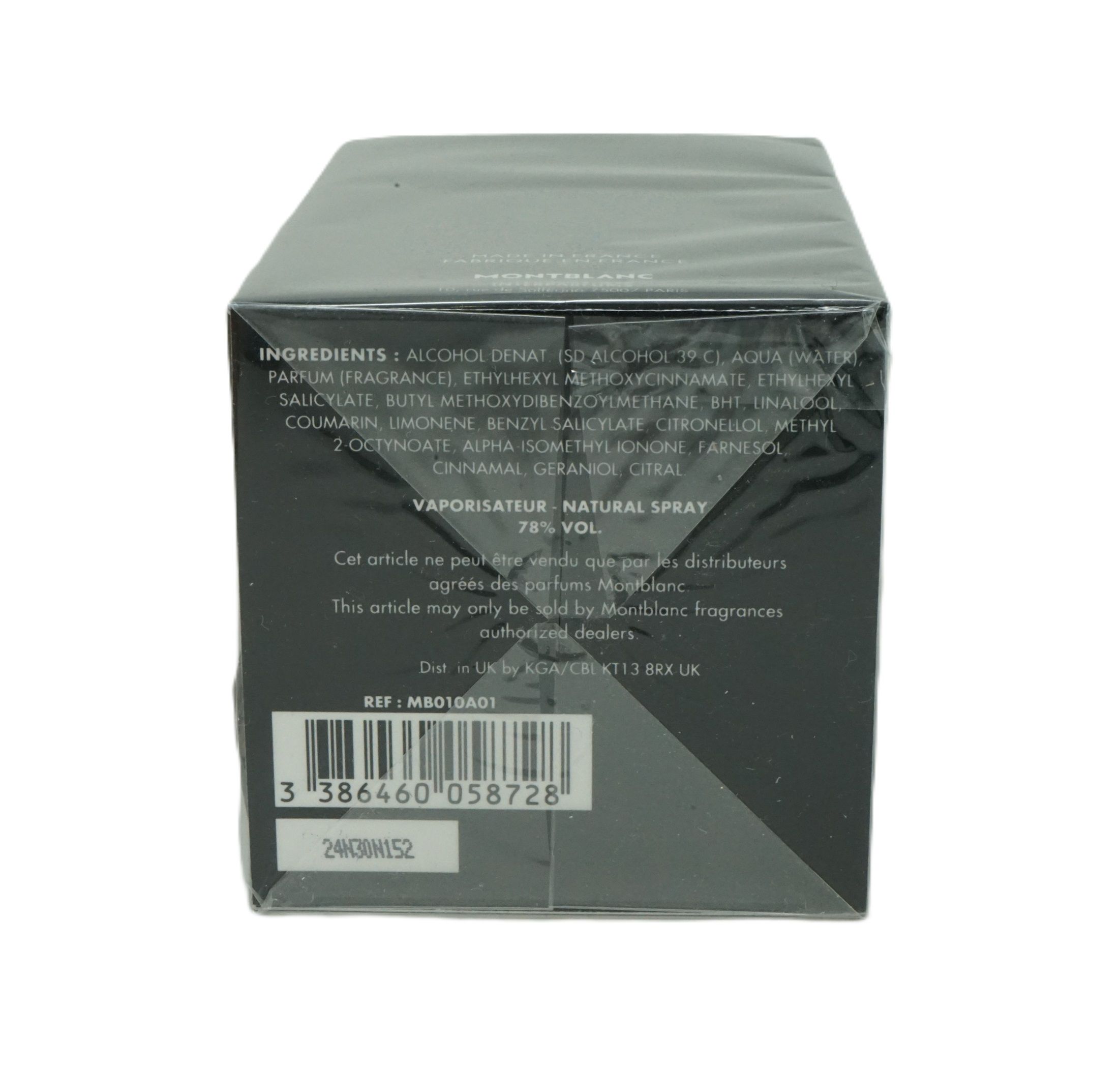 Schwarzer Karton mit Text. Enthält Inhaltsstoffe, Natural Spray, 78% Vol. und Barcode. Marke Montblanc.