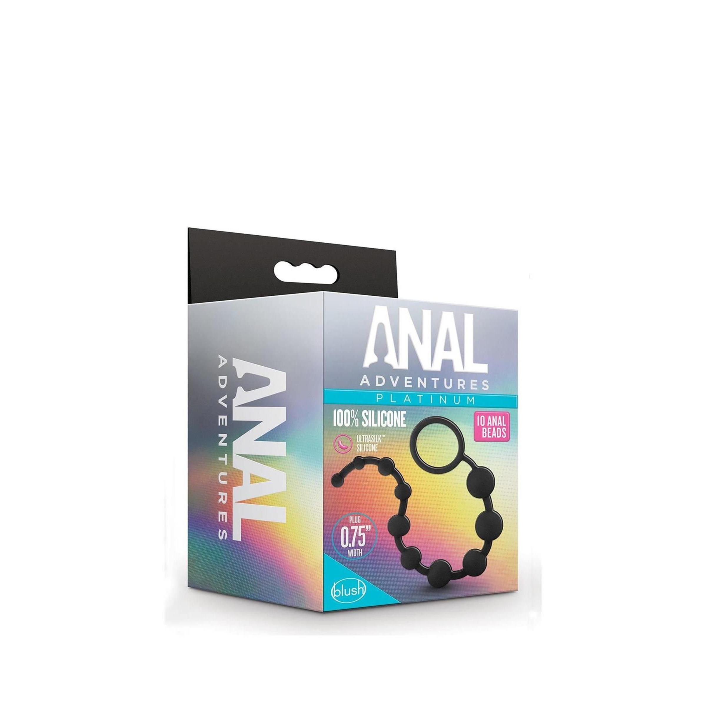 Verpackung mit schwarzen Anal Beads. Aufschrift: ANAL ADVENTURES PLATINUM, 100% SILICONE, 10 ANAL BEADS. Marke: blush.