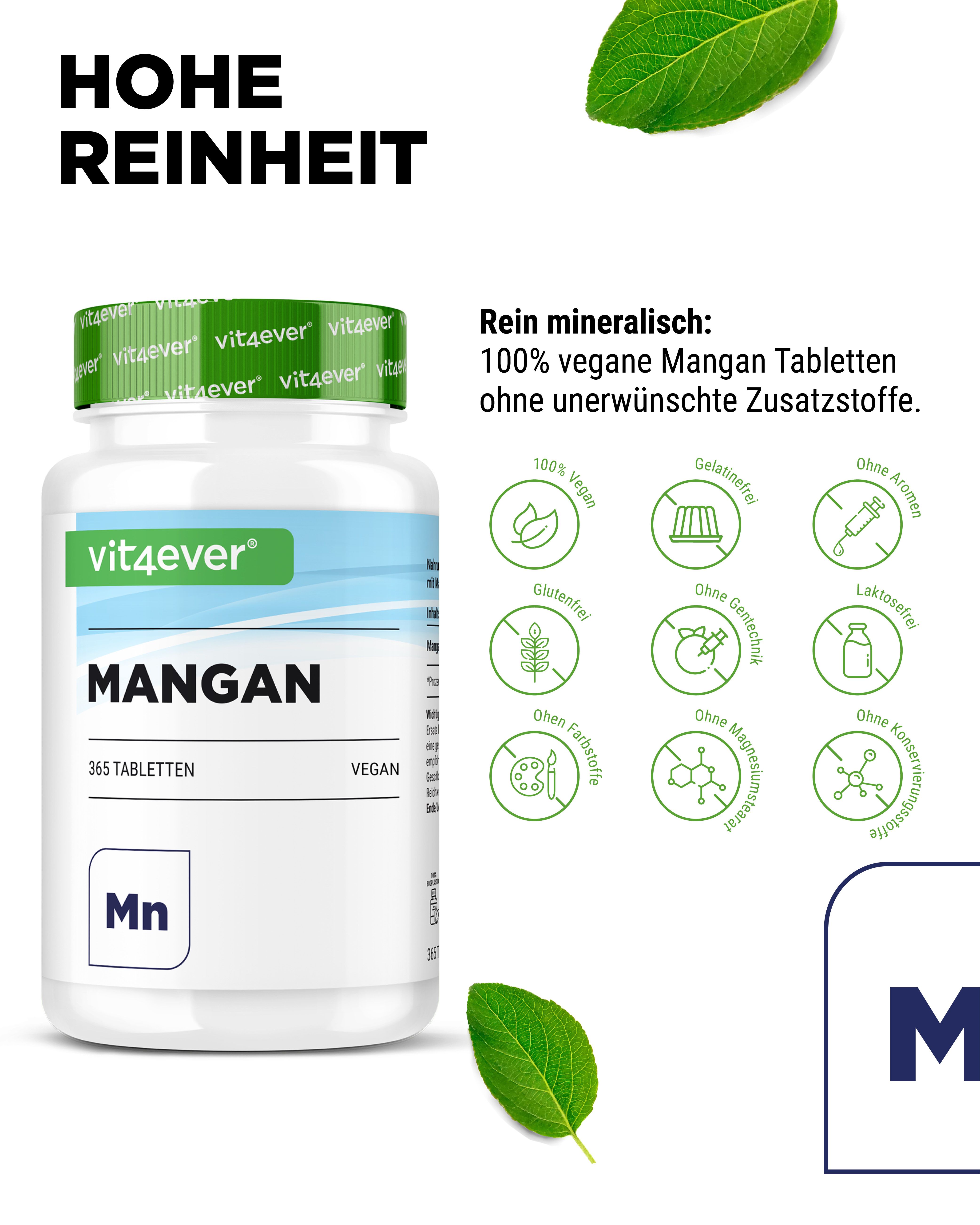 Flasche "vit4ever Mangan" mit grünen Blättern. Logos: vegan, glutenfrei, ohne Aromen, ohne Farbstoffe.