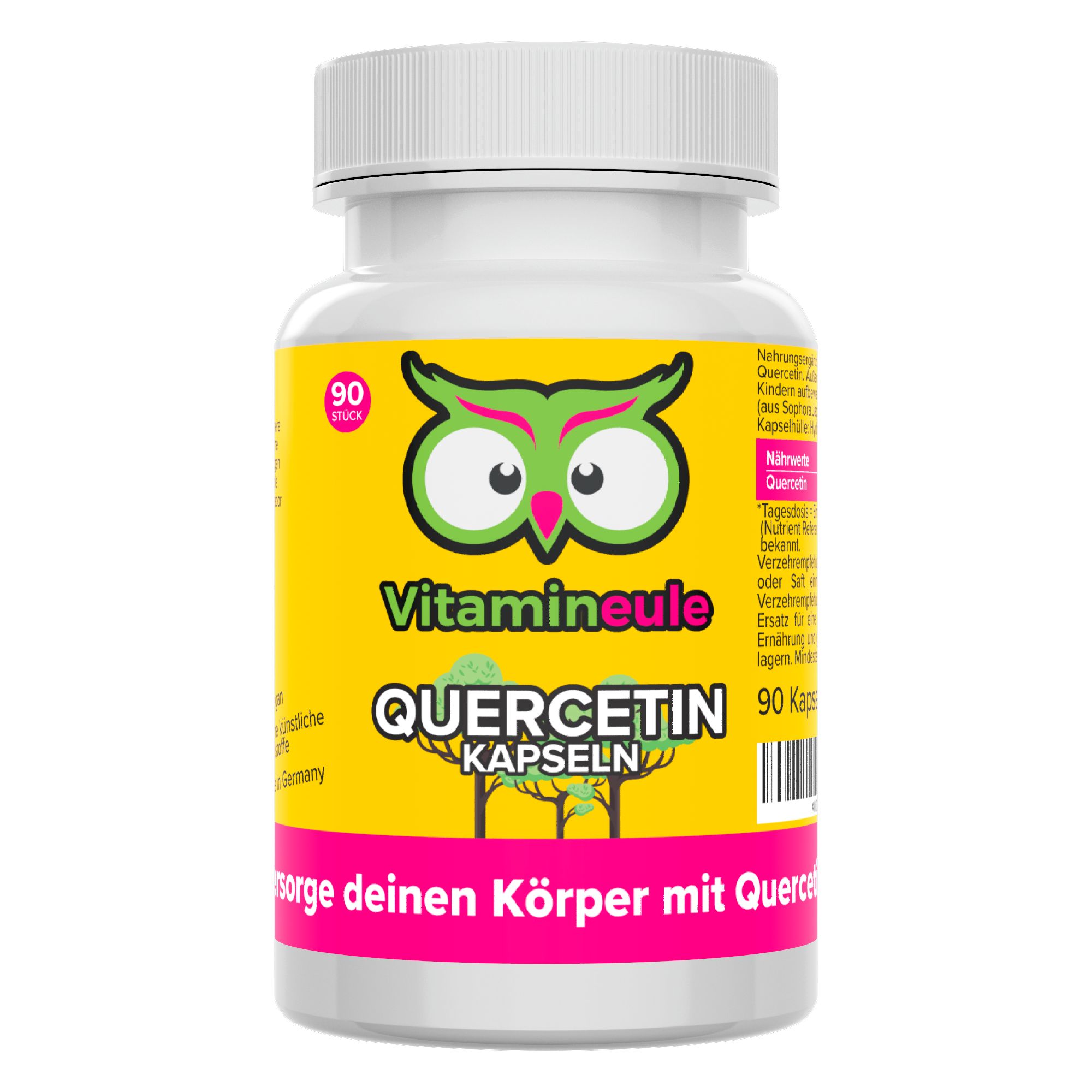 Flasche mit Vitamineule Quercetin Kapseln, 90 Stück, 500 mg. Gelbes Etikett mit Eulen-Logo, Informationen zu Inhaltsstoffen und Herkunft.