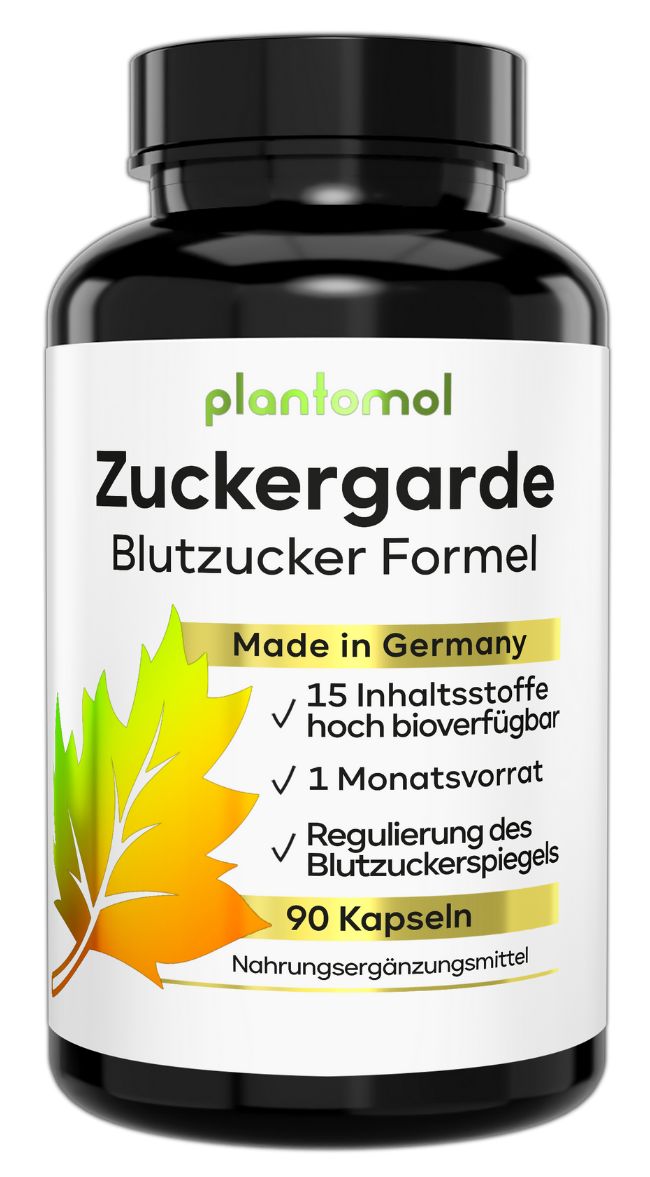 Schwarze Flasche mit Kapseln. Aufschrift: plantomol® Zuckergarde Blutzucker Formel. 90 Kapseln. Made in Germany. Nahrungsergänzungsmittel.