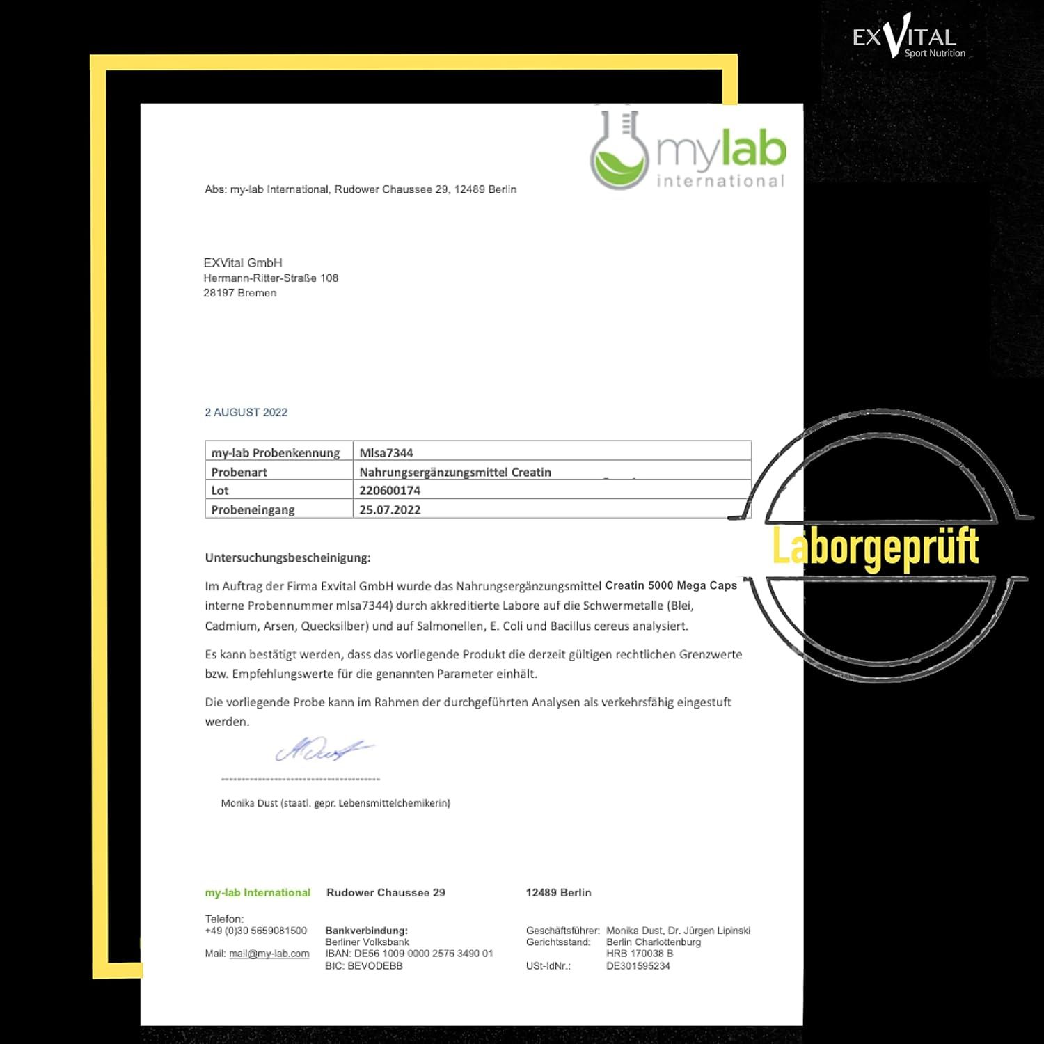 Laborbericht. Schriftliche Analyse von Nahrungsergänzungsmittel Creatin 5000 Mega Caps. Unterschrift und Stempel: Laborgeprüft. EXVital Sport Nutrition.