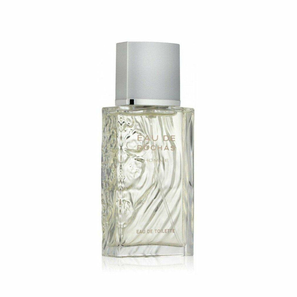 Rechteckiger Flakon mit silbernem Deckel. Aufschrift: EAU DE ROCHAS HOMME, Eau de Toilette. Durchsichtiges Glas mit Reliefmuster.