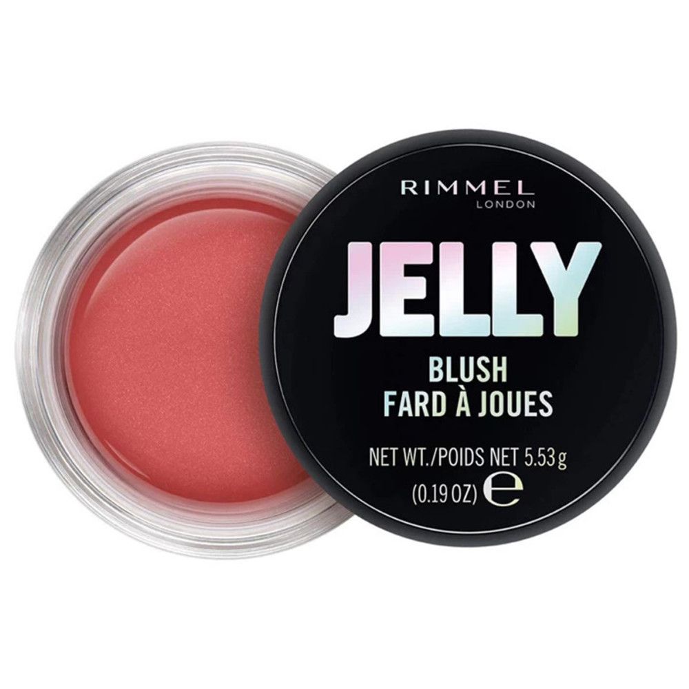 Runder Behälter mit rosa Jelly Blush. Schwarzer Deckel mit "Jelly Blush Fard à Joues"-Aufschrift. Marke Rimmel.