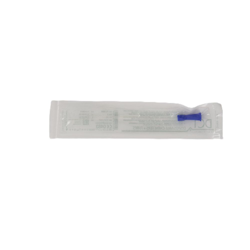 Verpackter DCT Nelaton-Frauenkatheter CH08. Transparente Folienverpackung mit blauem Verschluss.