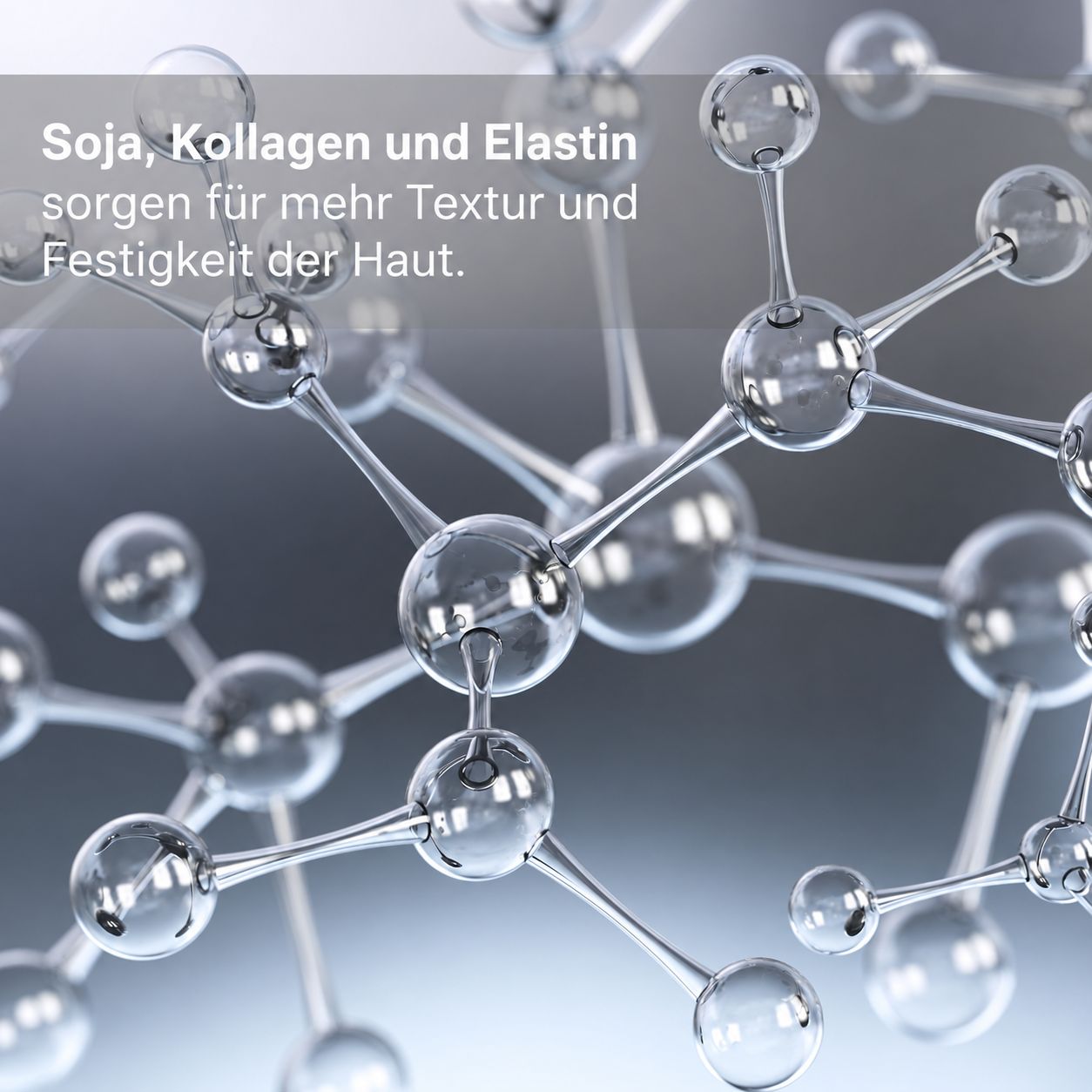 Molekülstruktur aus Glas, die Soja, Kollagen und Elastin darstellt.