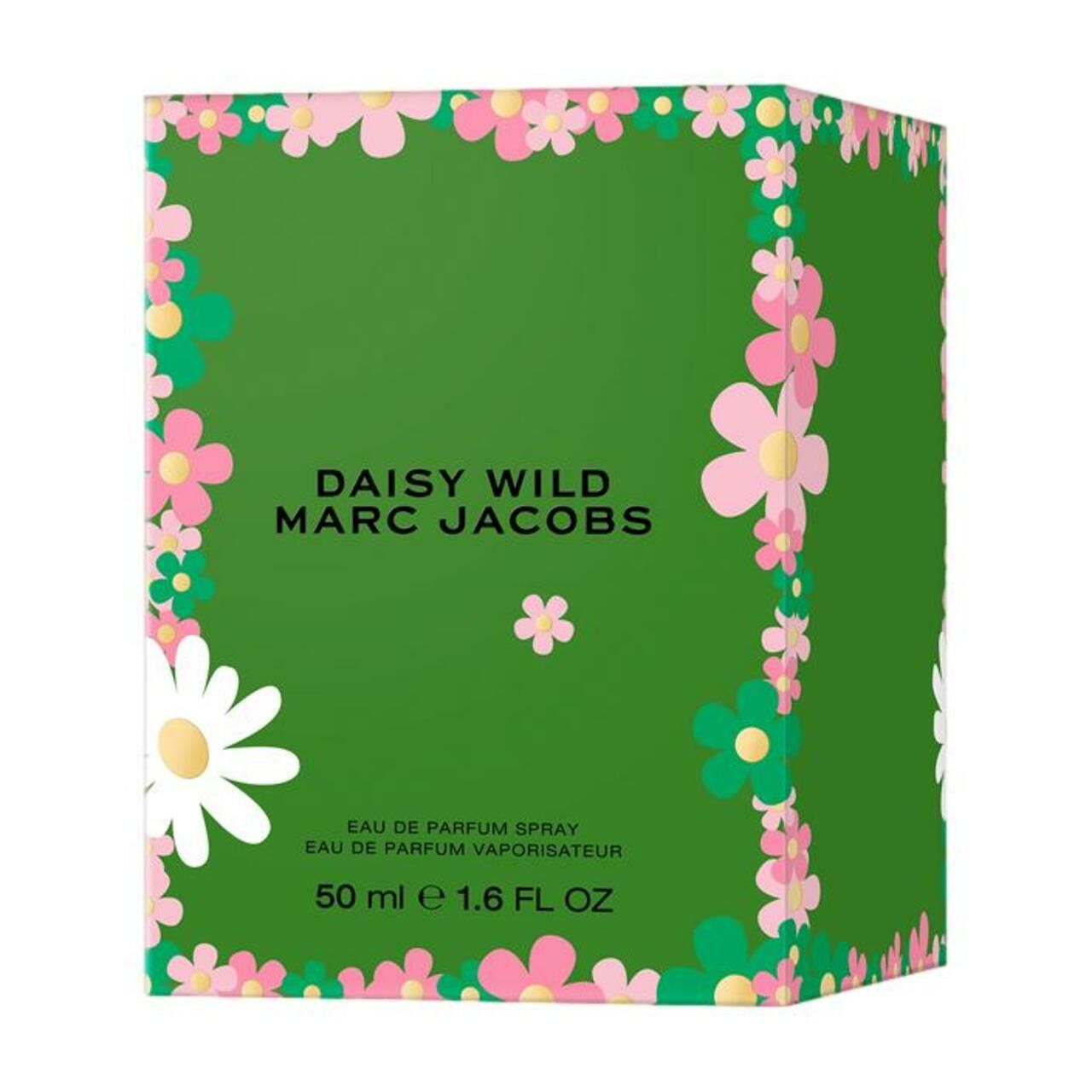 Grüne Verpackung mit Blumenmuster. Aufschrift: Daisy Wild Marc Jacobs. Text: Eau de Parfum Spray.