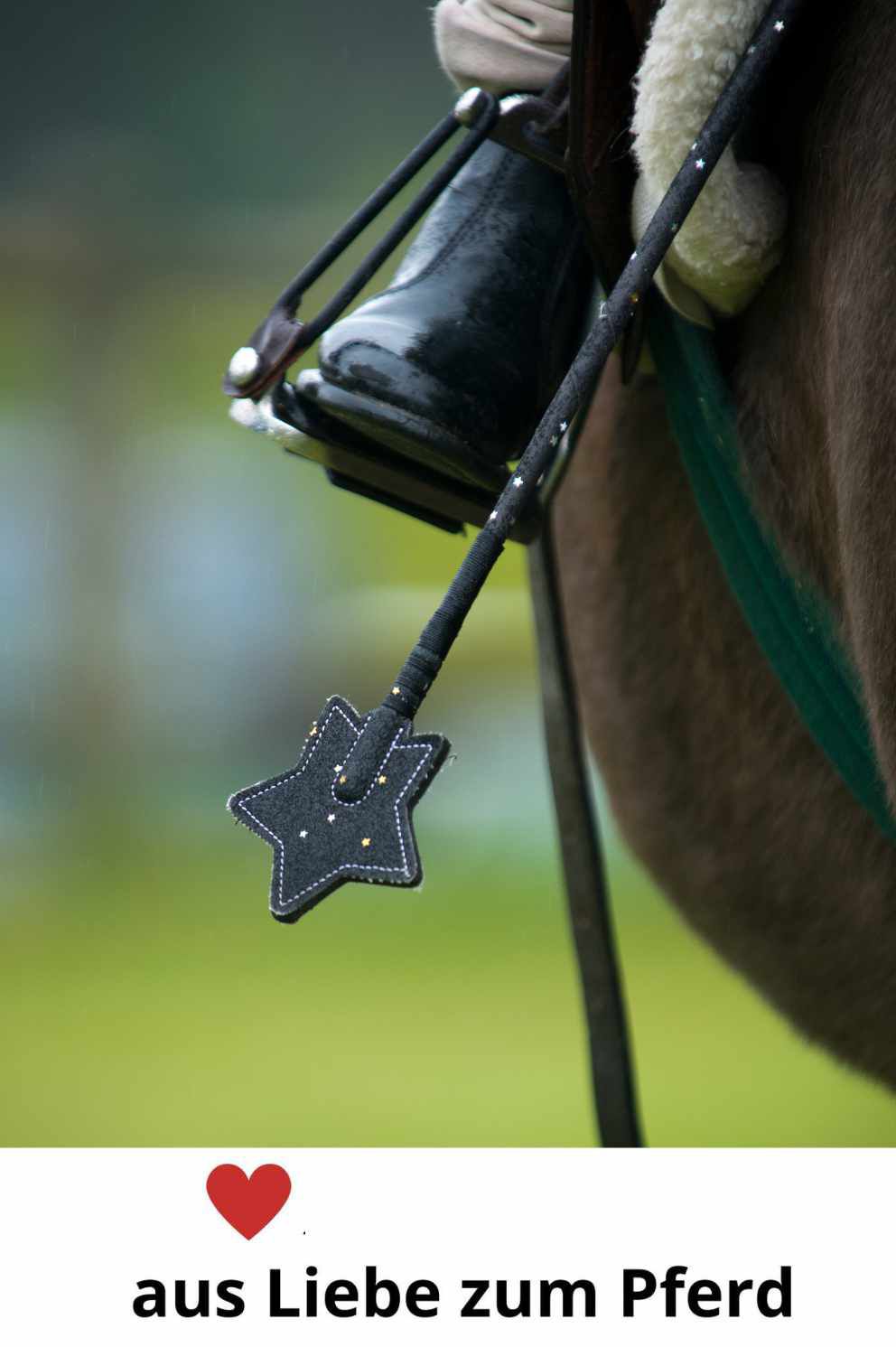 Reitgerte mit sternförmigem Ende. Schwarze Gerte mit silbernen Nieten. Reiterbein und Stiefel im Hintergrund.