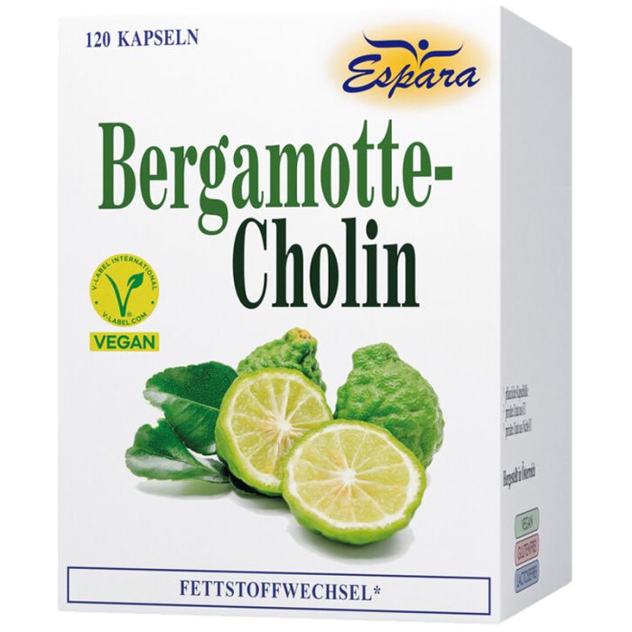 Verpackung von Espara Bergamotte-Cholin Kapseln. Aufschrift: 120 Kapseln, Vegan, Fettstoffwechsel. Abbildung von Bergamotte-Früchten.