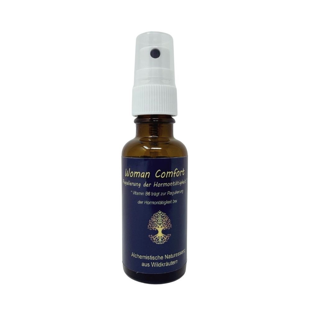 Braune Glasflasche mit weißem Sprühkopf. Etikett: Woman Comfort, Hormonbalance.