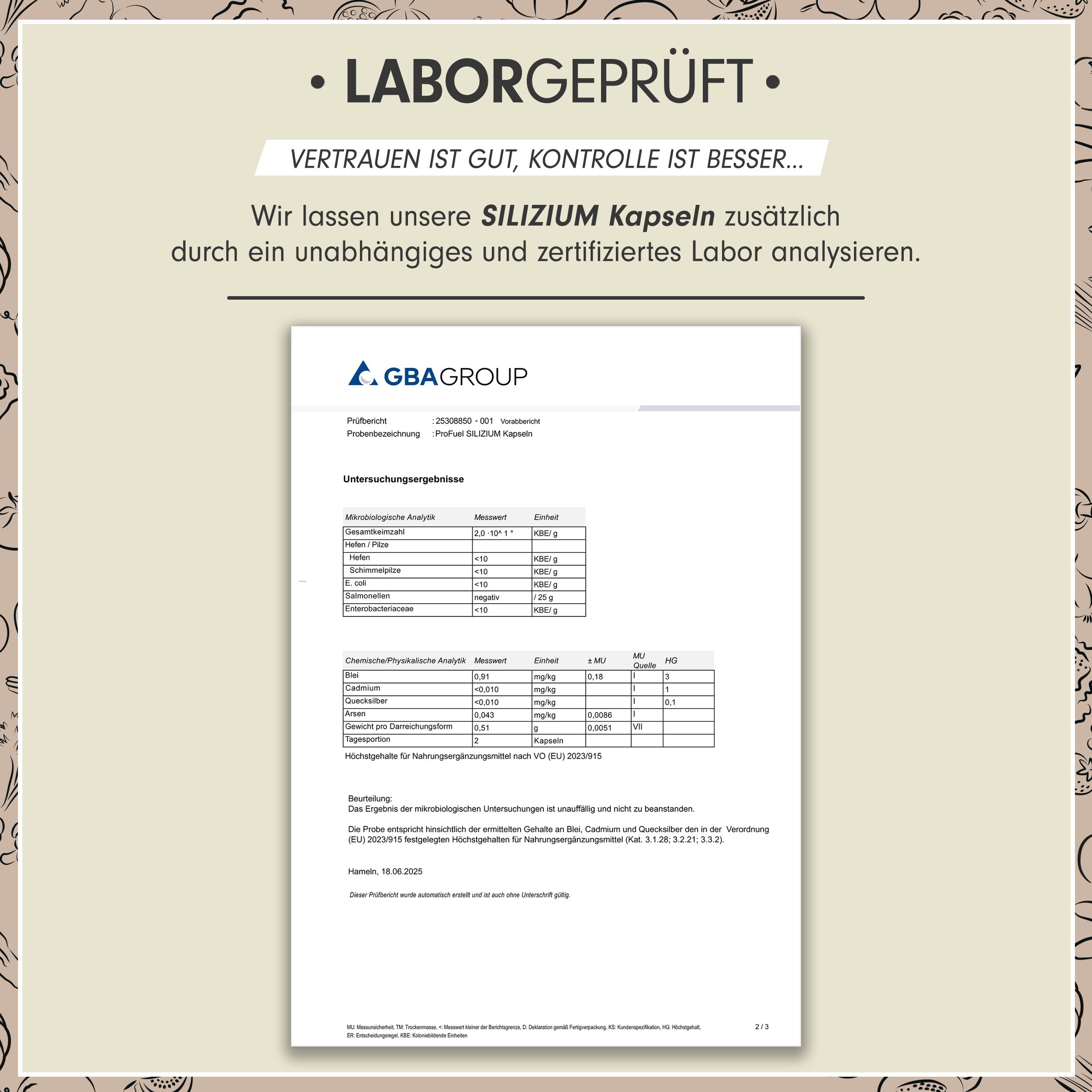 Laborbericht Silizium Kapseln. Analyseergebnisse von GBA Group. Mikrobiologische Untersuchungsergebnisse. Zertifizierter Laborbericht in deutscher Sprache.