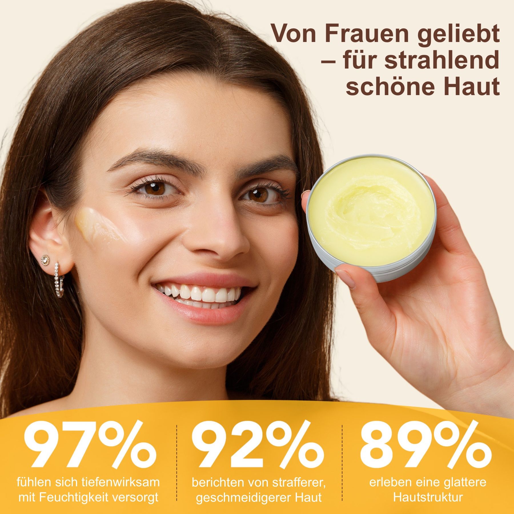 Frau hält Dose 'Tallow Honey Balm'. Text: 97% fühlen sich tiefenwirksam mit Feuchtigkeit versorgt, 92% straffer.