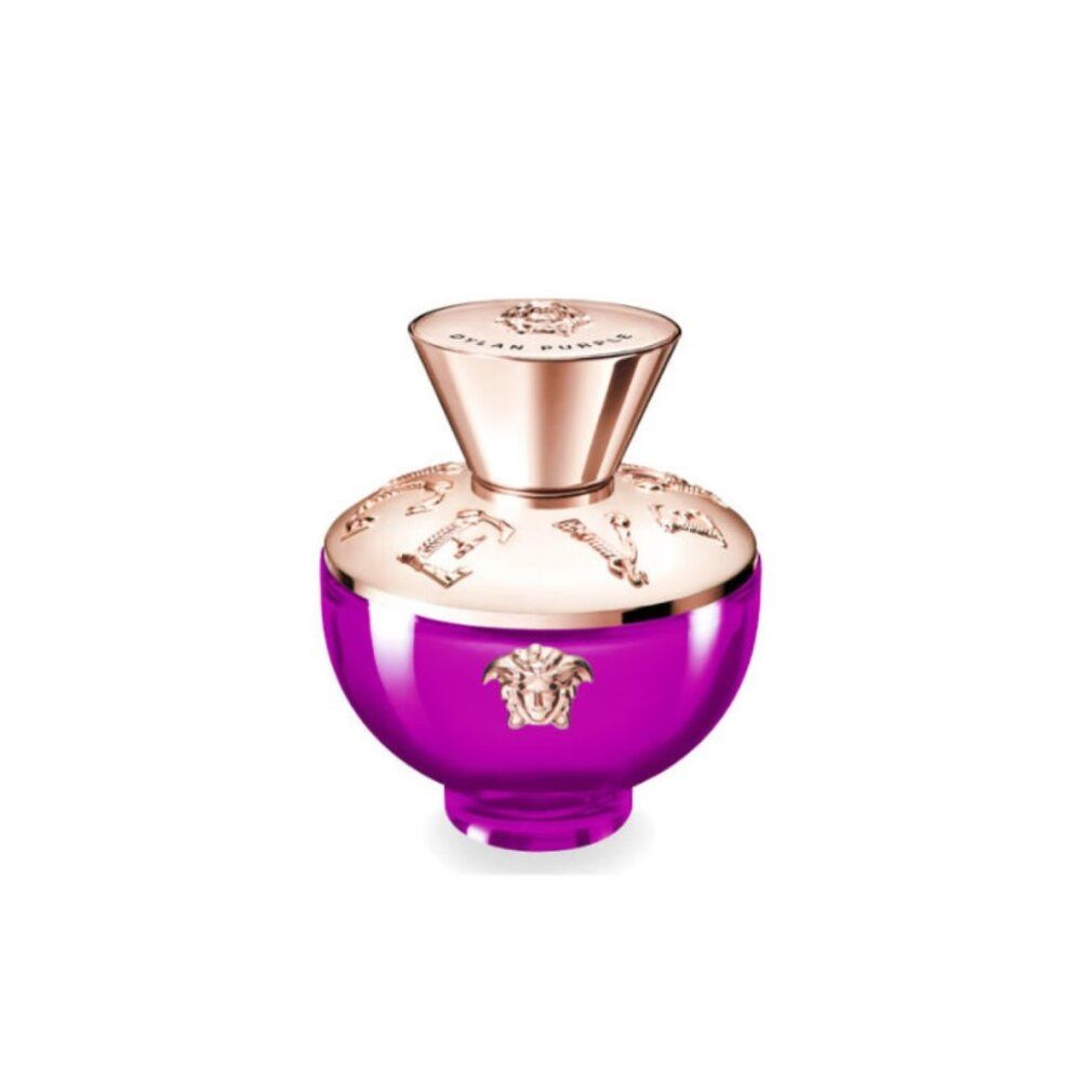 Runder, violetter Flakon mit goldfarbenem Deckel. Versace-Logo und Schriftzug. Dylan Purple Eau de Parfum.