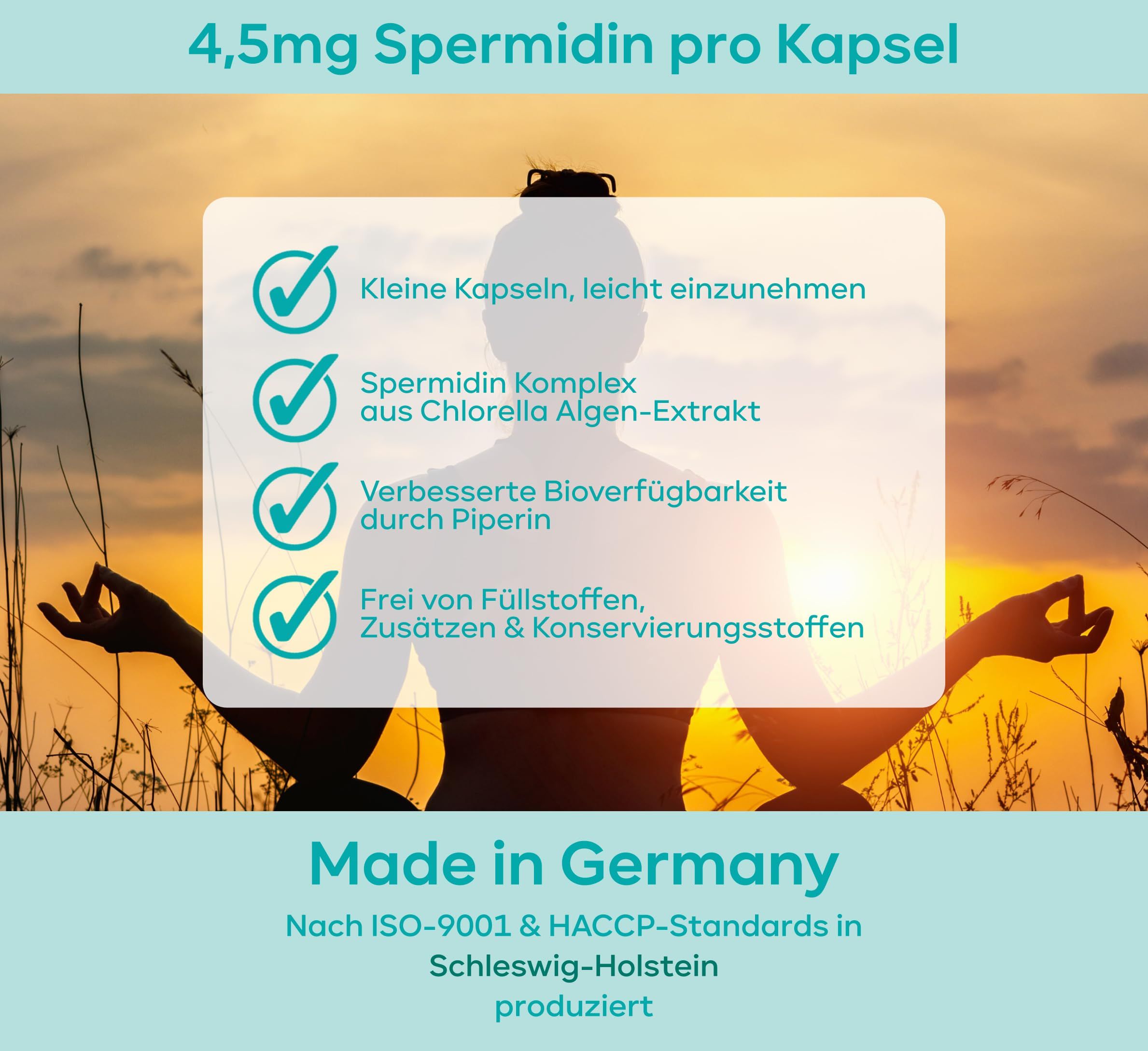 Grafik mit Informationen zu Spermidin PLUS. Kleine Kapseln, Spermidin-Komplex, verbesserte Bioverfügbarkeit, frei von Zusätzen. Made in Germany.