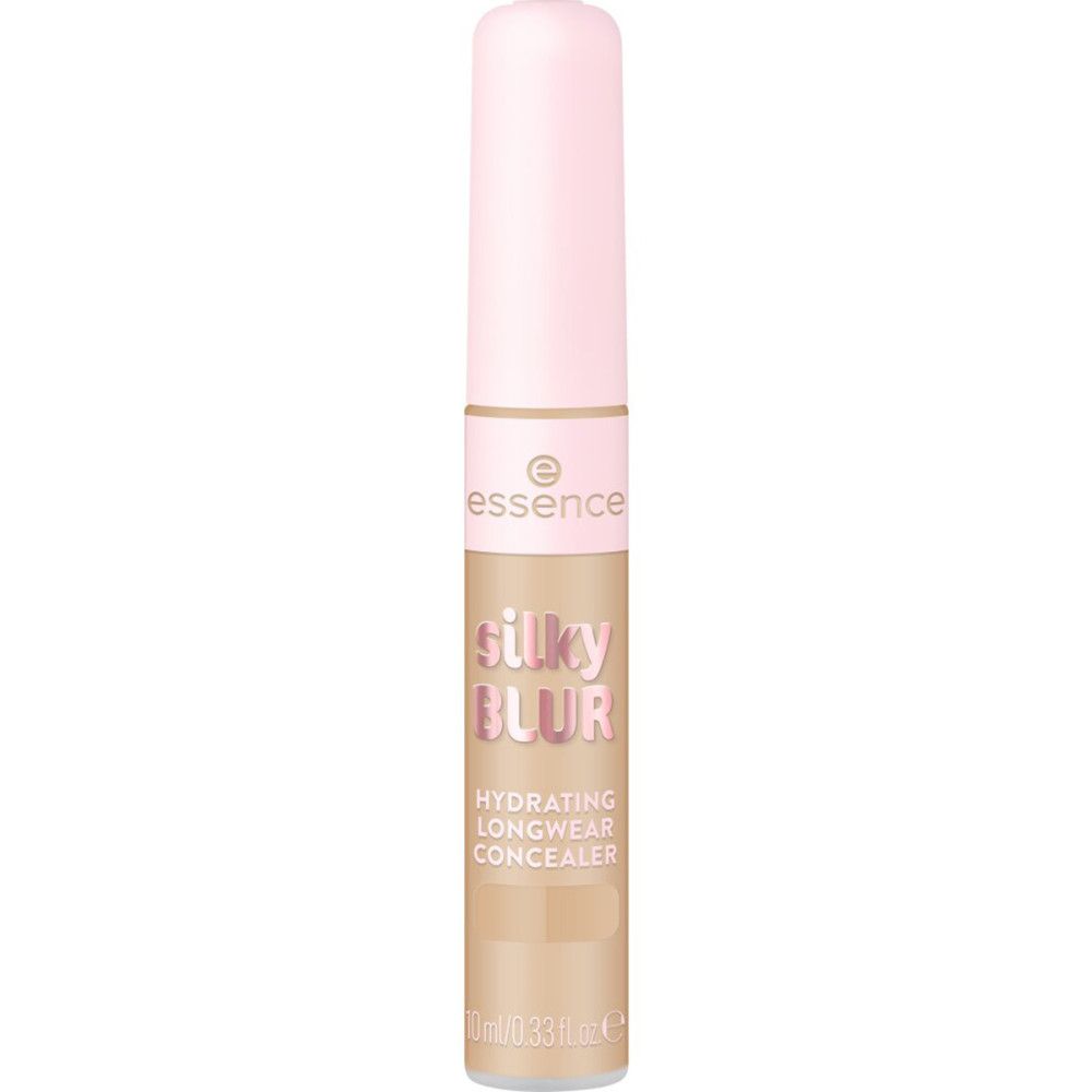 Essence Silky Blur Concealer. Flasche. Rosa und beige Verpackung. Text: Hydrating Longwear Concealer.