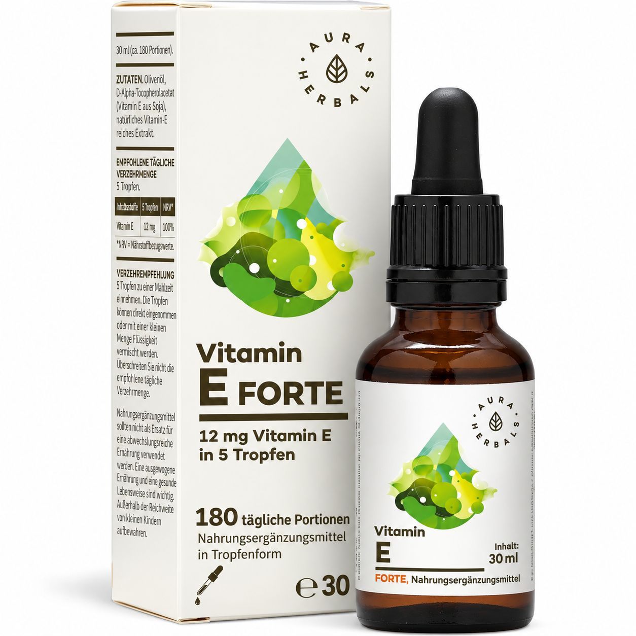 Flasche und Karton Aura Herbals Vitamin E Forte, 30 ml. 180 Portionen, 12 mg Vitamin E in 5 Tropfen.