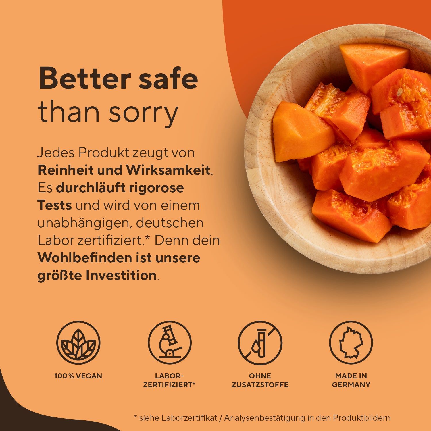 Holzschale mit Papayastücken. Text: 100% vegan, Labor-zertifiziert, ohne Zusatzstoffe, Made in Germany.